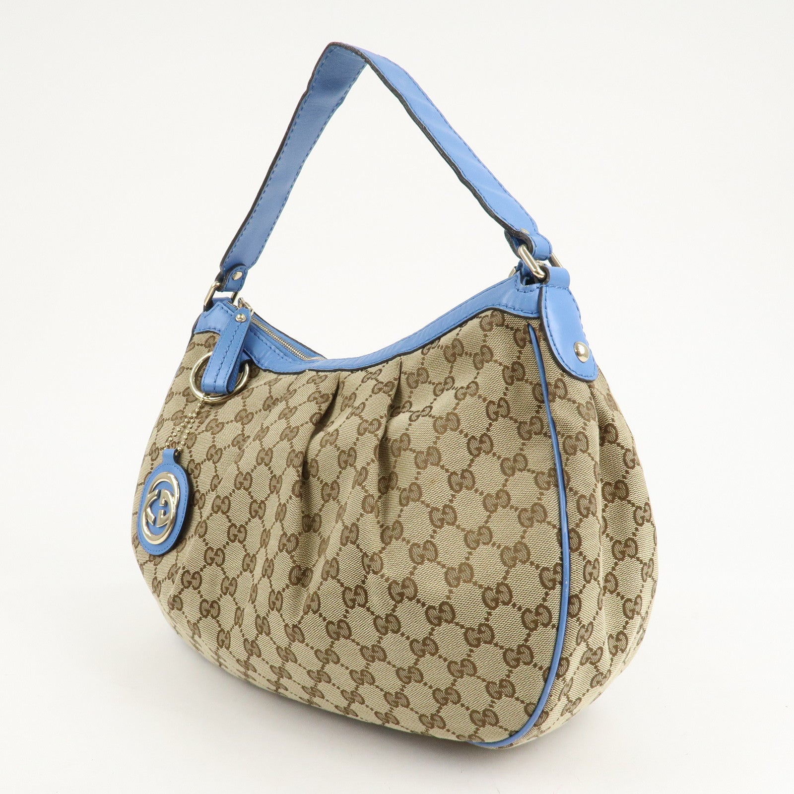 Gucci Sukey GG Canvas Leather Shoulder Bag Beige Light Blue 232955 Used
