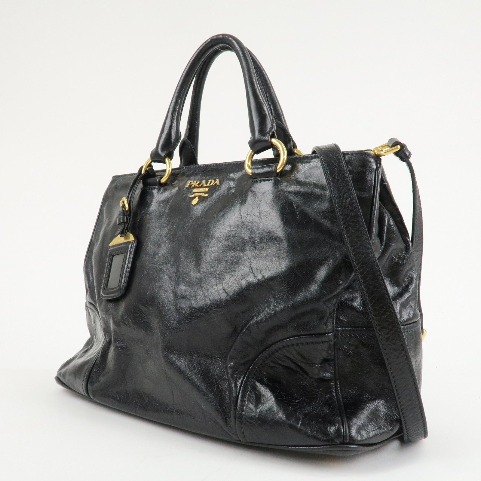 PRADA Leather 2way Bag Hand Bag Shoulder Bag Black Gold HDW Used
