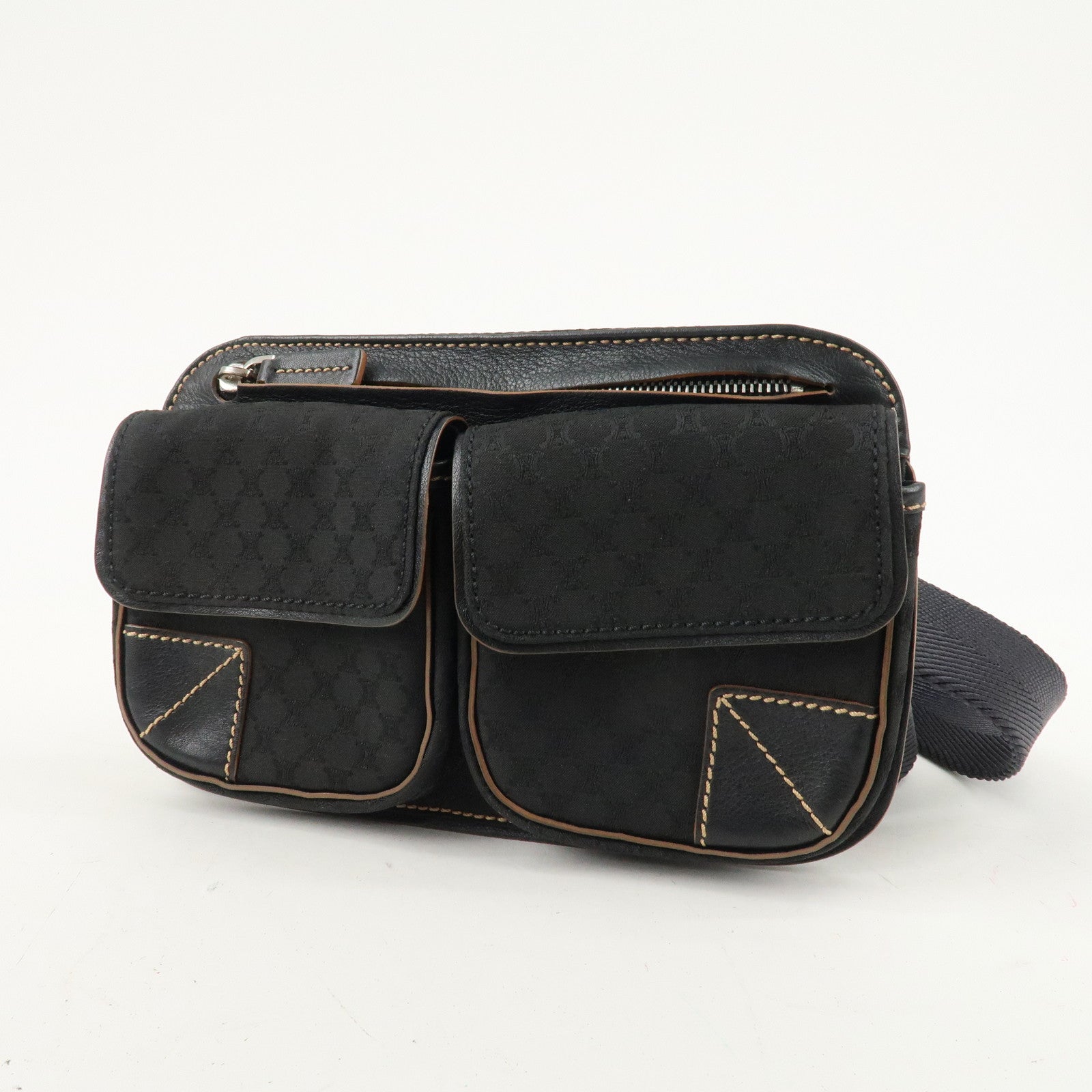 CELINE Macadam Canvas Leather Waist Bag Cross Body Bag Black Used