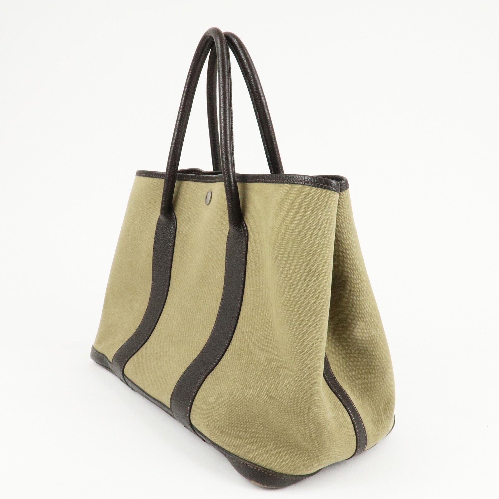 HERMES ToileOfficier Garden Party PM T Stamped Tote Bag Khaki Used