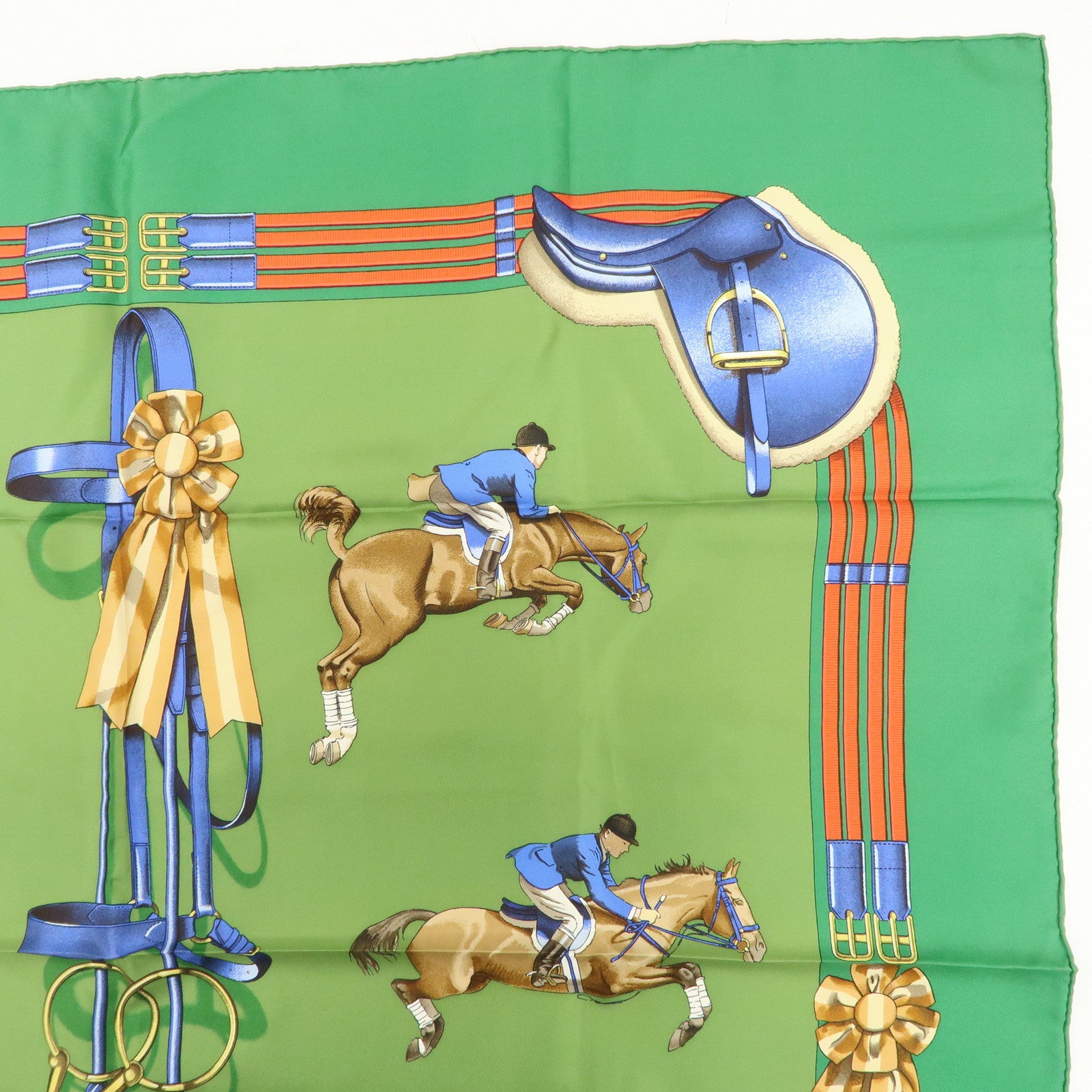 HERMES Carre 90 100% Silk Scarf JUMPING Riding Horse Green Used