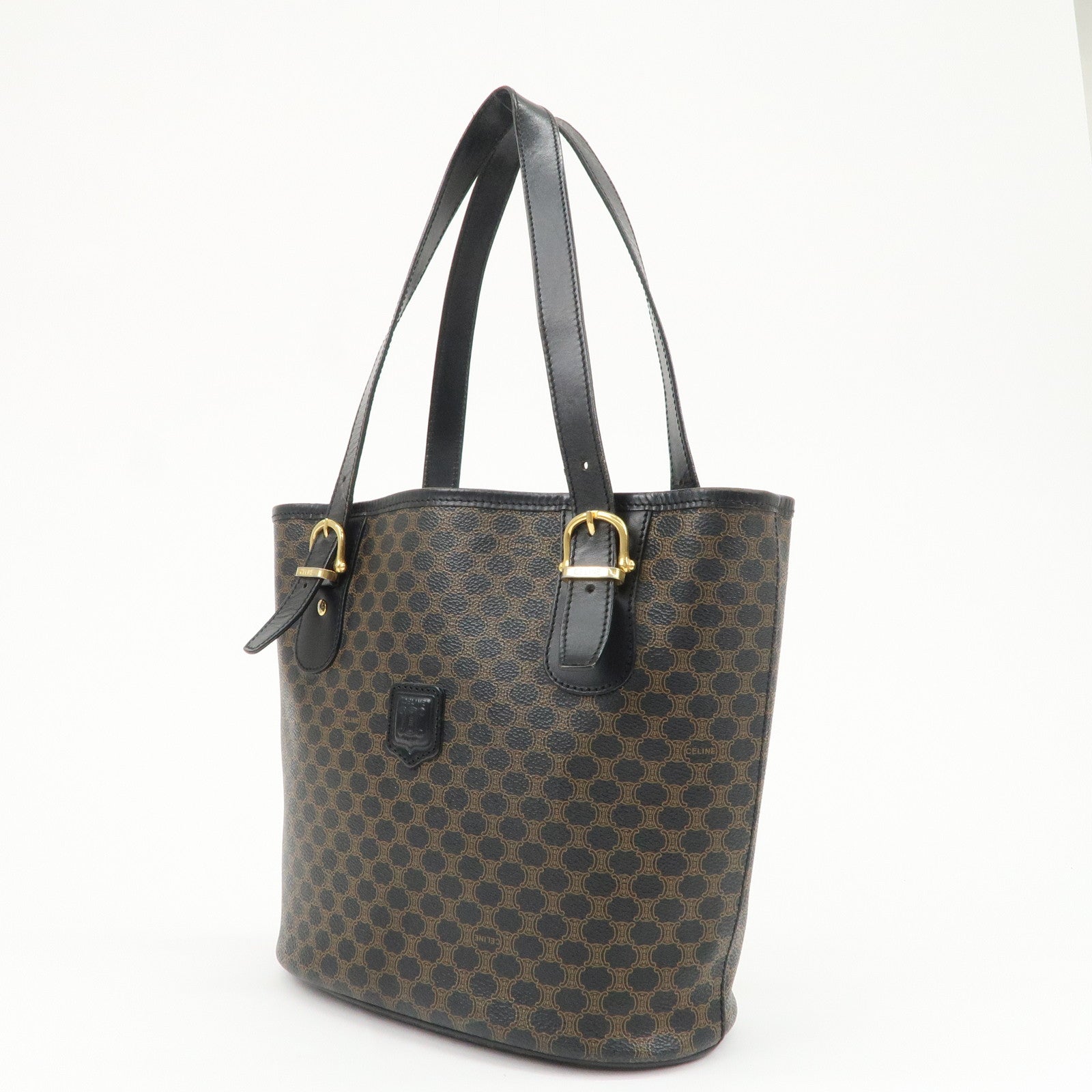 CELINE Macadam PVC Leather Tote Bag Shoulder Bag Black Brown Used