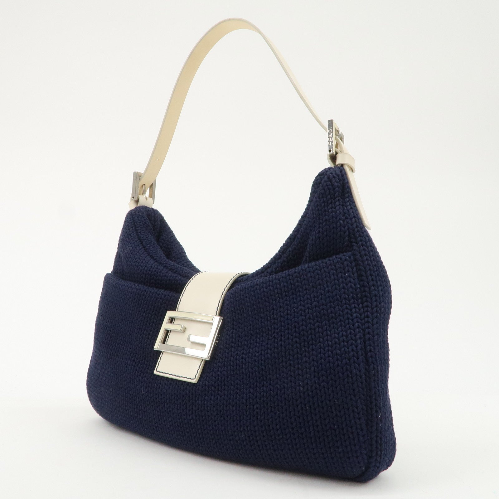 FENDI Wool Leather Shoulder Bag Navy White 26569 Used
