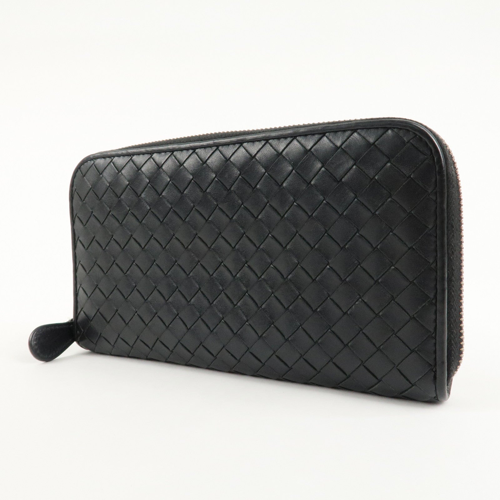BOTTEGA VENETA Intrecciato Leather Round Zipper Wallet Black Used