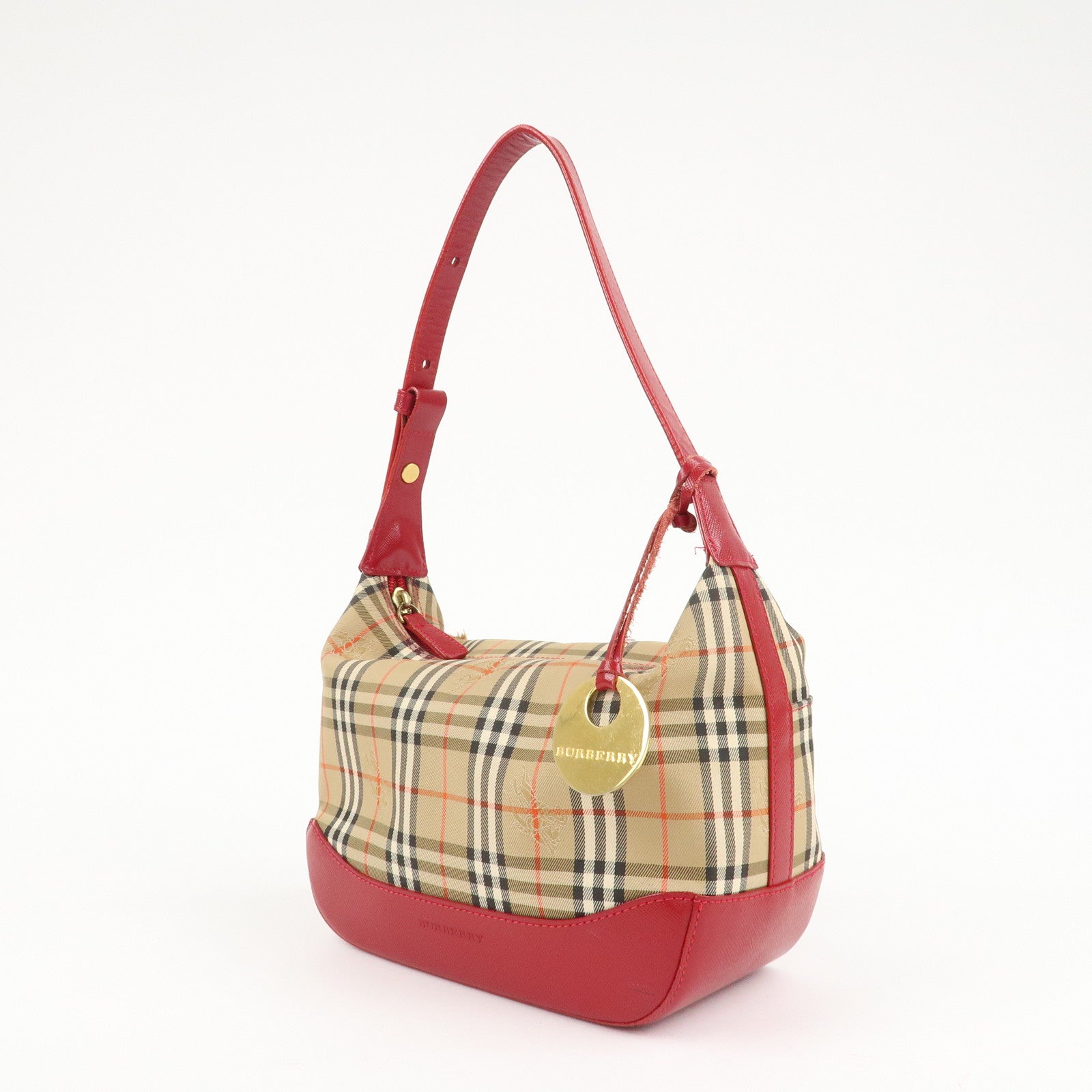 BURBERRY Nova Plaid Canvas Leather Shoulder Bag Hand Bag Red Used