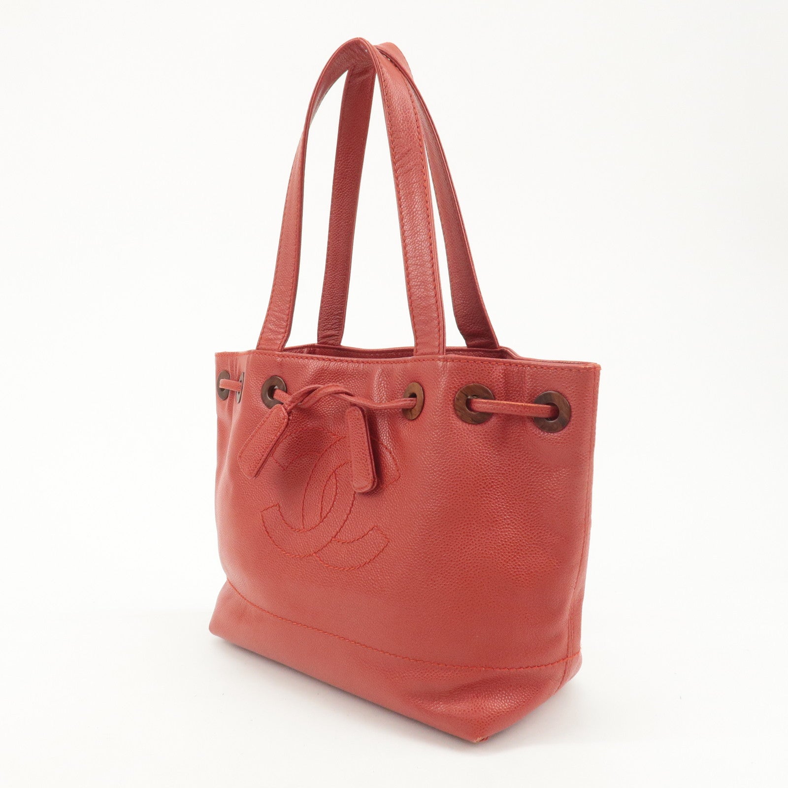 CHANEL Caviar Skin COCO Mark Tote Bag Hand Bag Red Used