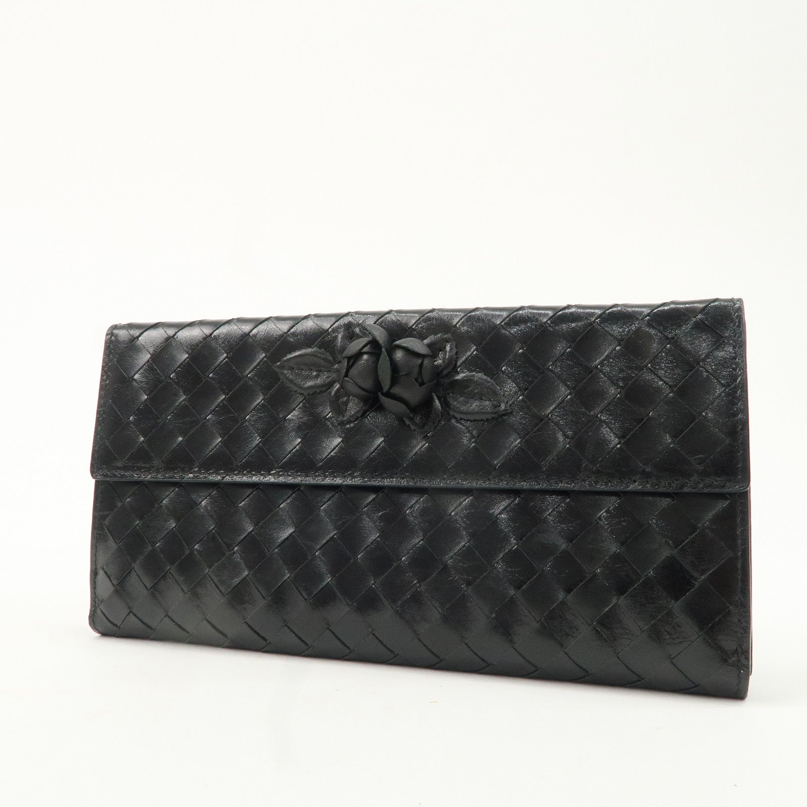 BOTTEGA VENETA Intrecciato Leather W Hook Bifold Wallet Black Used