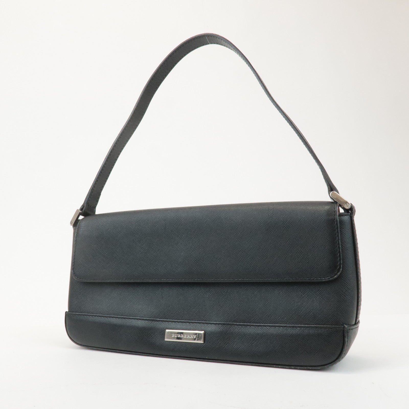 BURBERRY Leather Shoulder Bag Hand Bag Black Silver Hardware Used