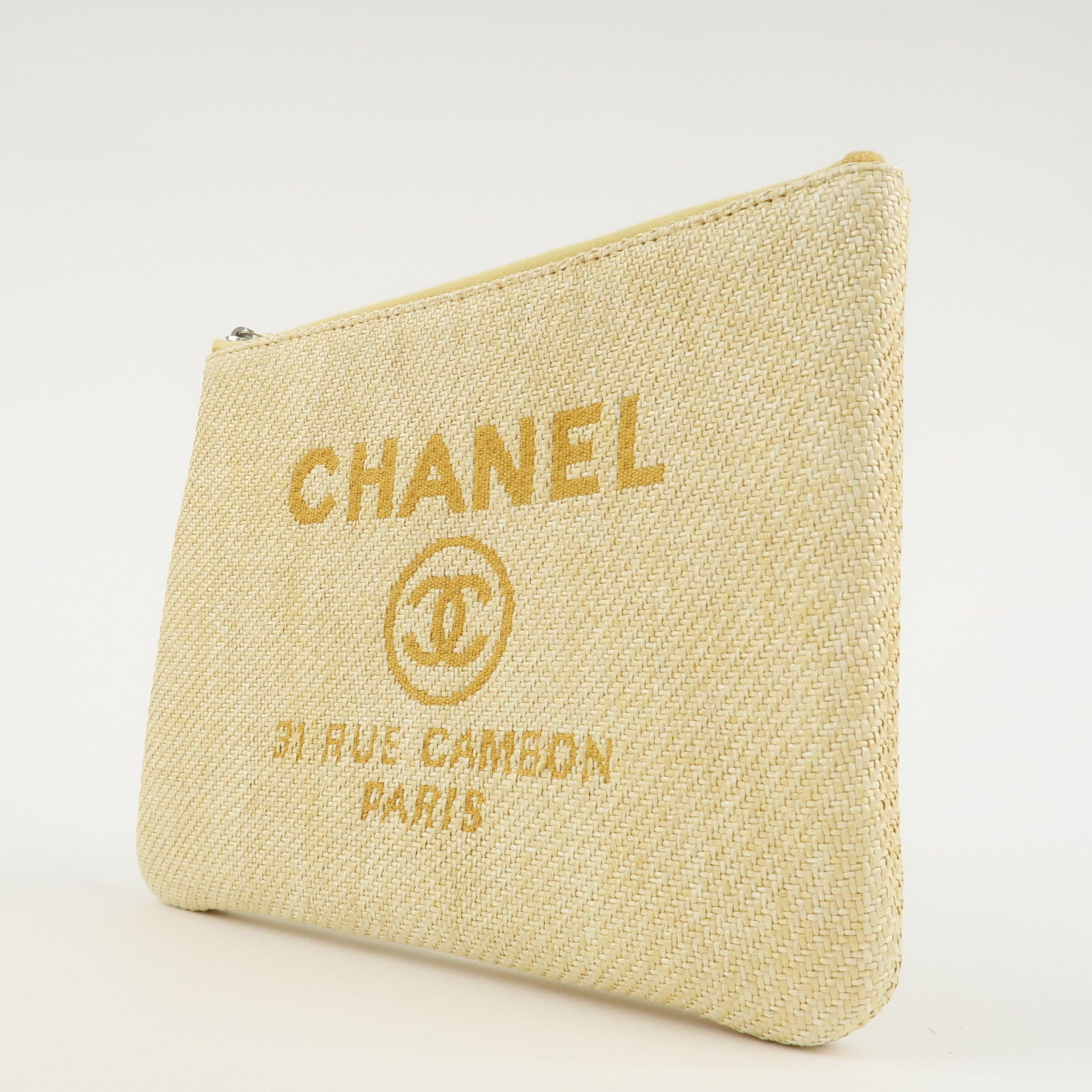 CHANEL Deauville Straw Clutch Bag Pouch Yellow A80117 Used