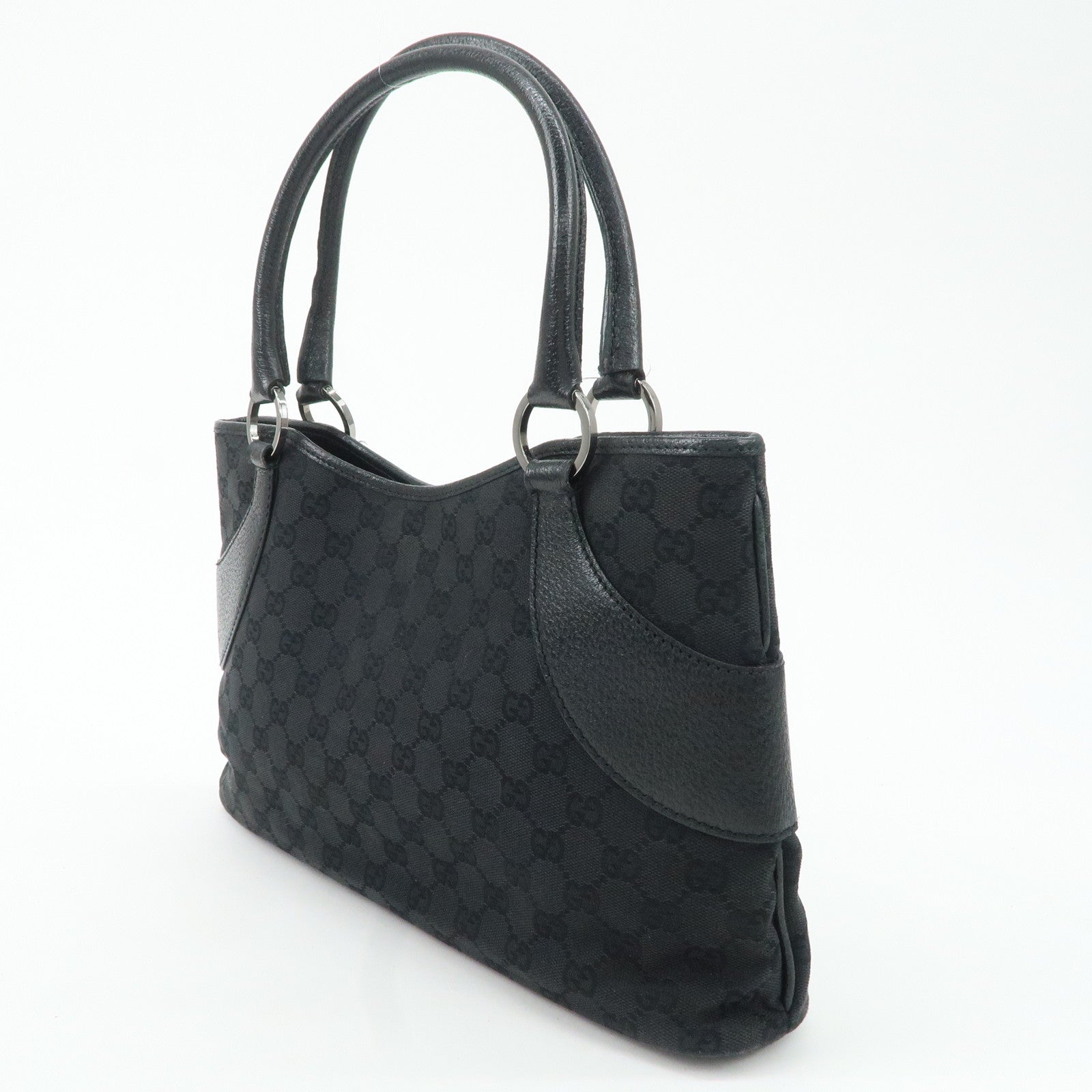 GUCCI GG Canvas Leather Tote Bag Hand Bag Black 113015 Used