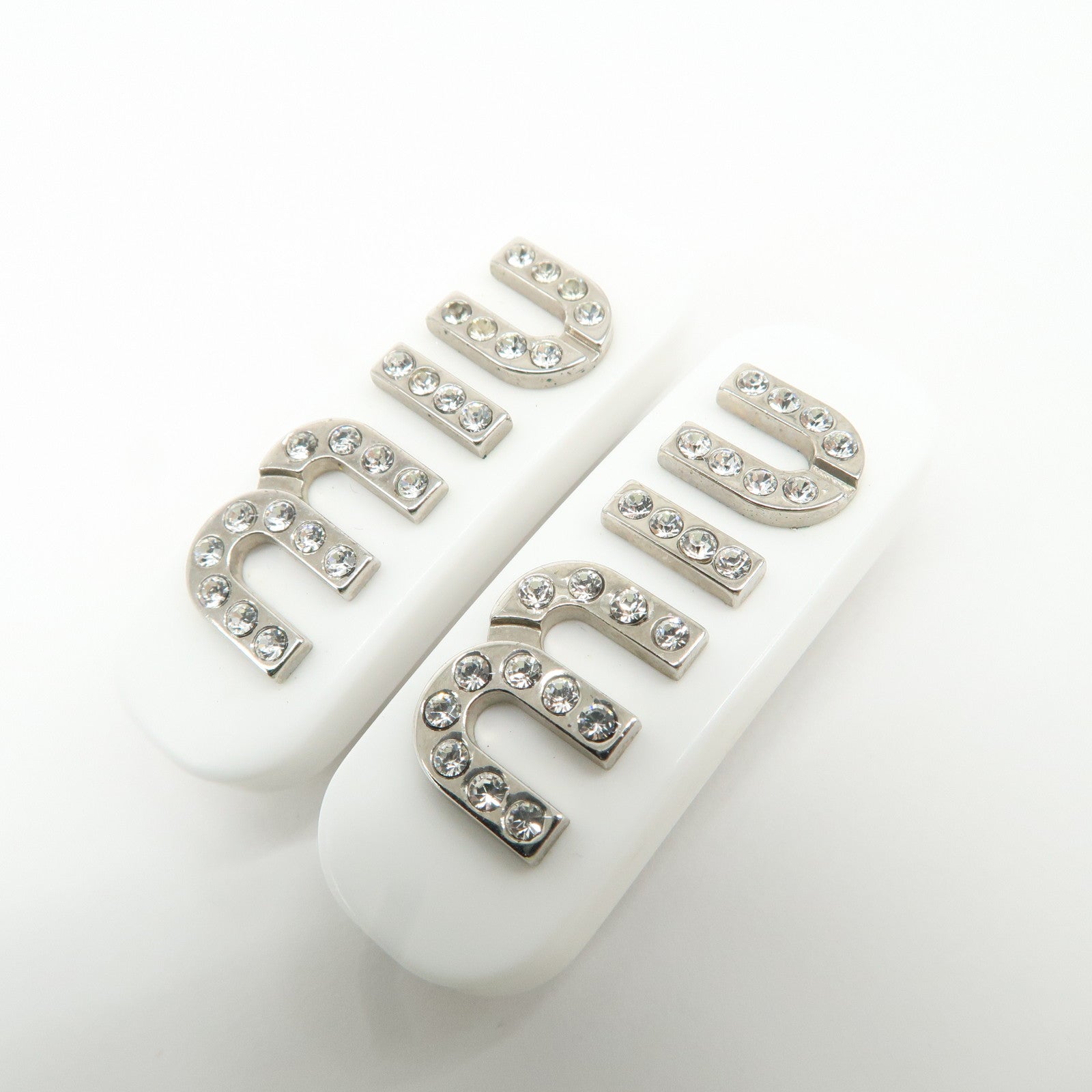 MIU MIU Plastic Rhine Stone Hair Clip White Silver Used