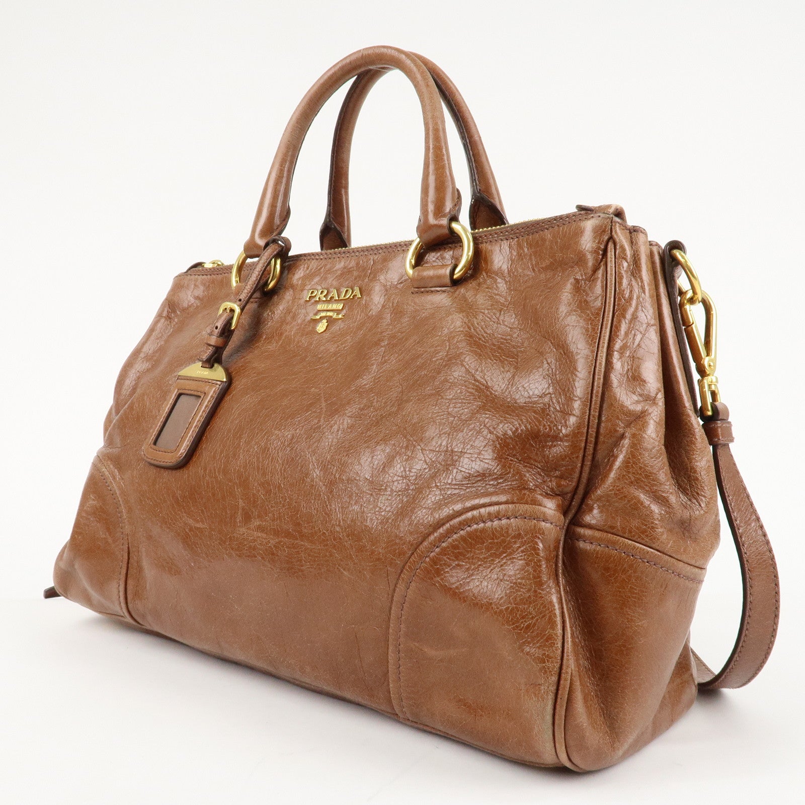 PRADA Leather 2Way Bag Shoulder Bag Hand Bag Brown Used