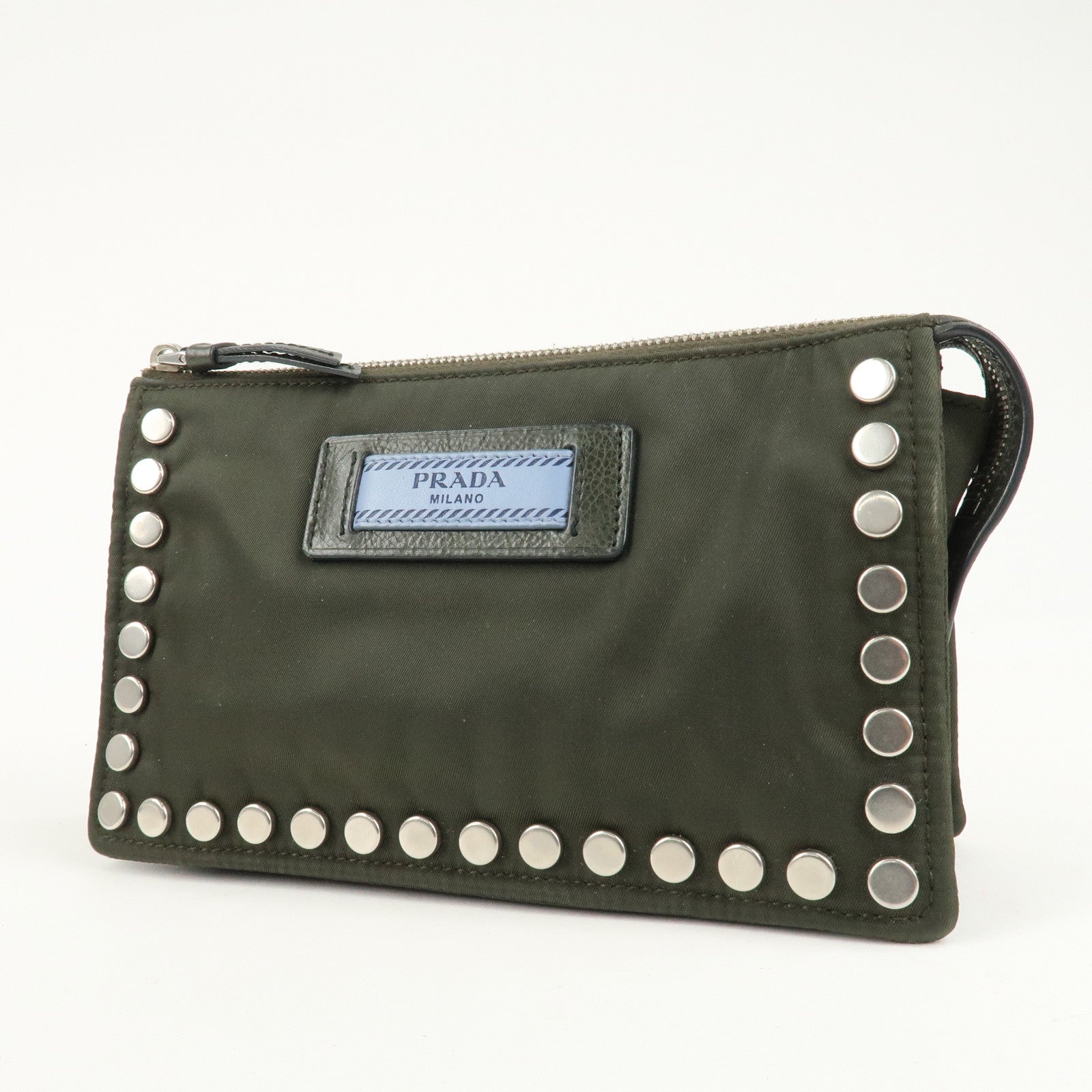 PRADA Tessuto Travel Pouch Studs Military Silver HDW Used