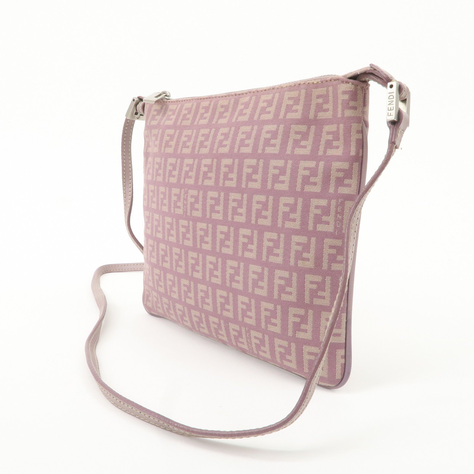 FENDI Zucchino Canvas Leather Shoulder Bag Purple Beige 8BT047 Used