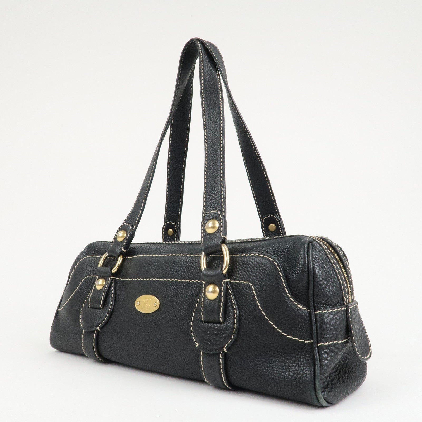 CELINE Leather Macadam Engraved Boston Bag Shoulder Bag Black Used