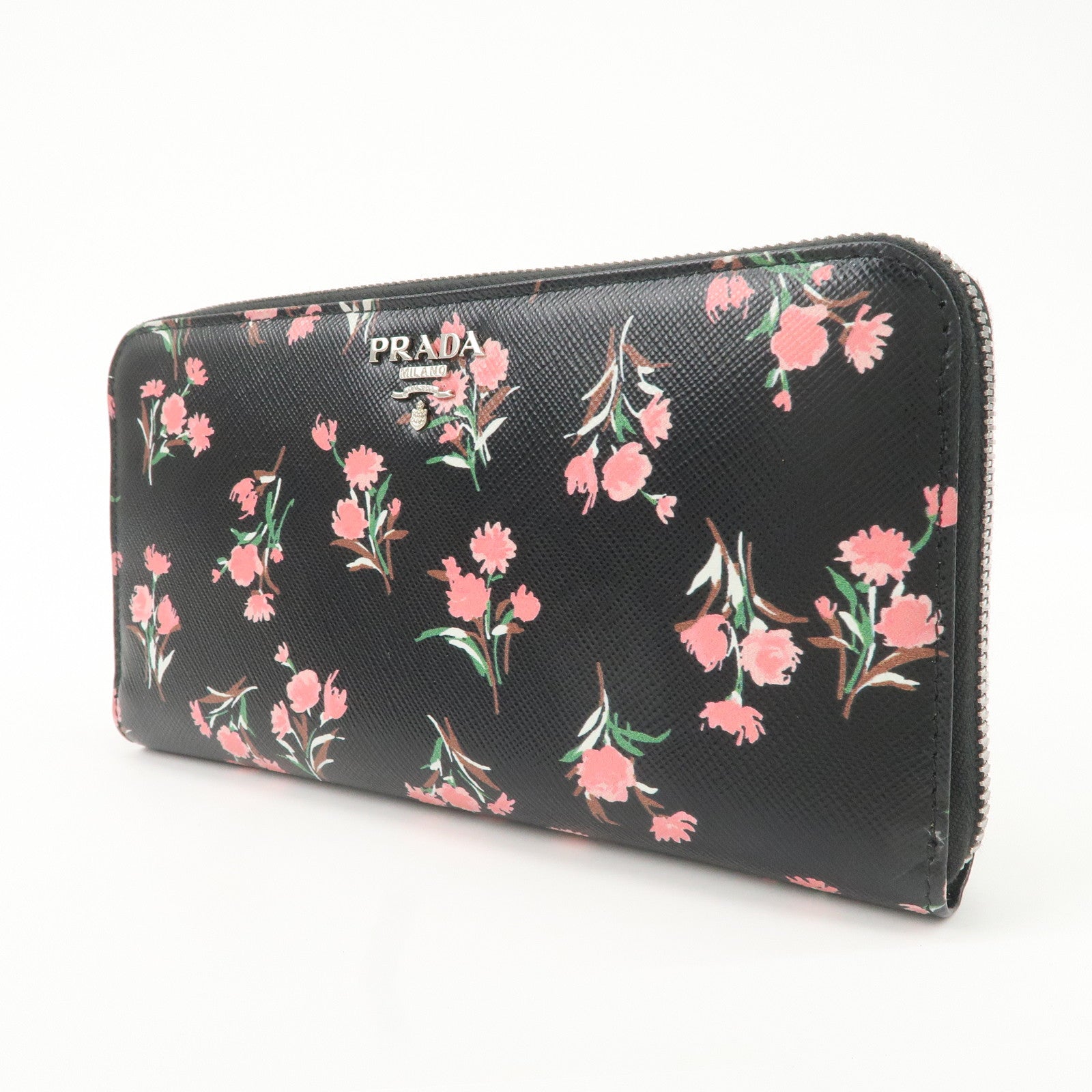 PRADA Logo Leather Round Zipper Long Wallet Flower 1ML506 Used