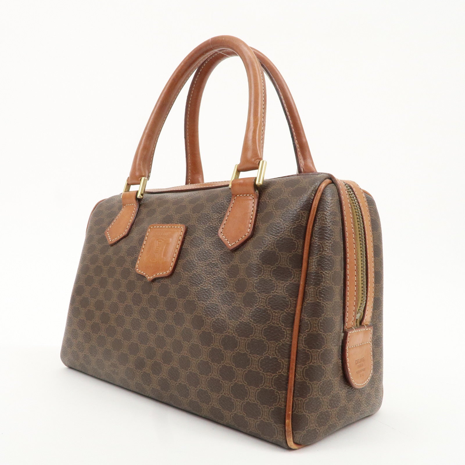 CELINE Macadam PVC Leather Boston Bag Hand Bag Brown Used