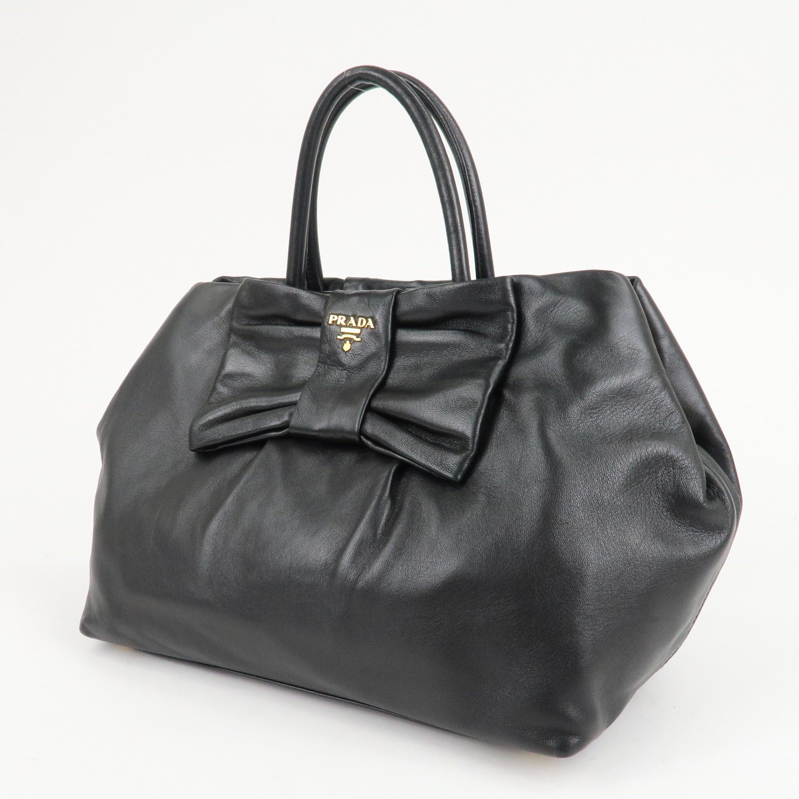 PRADA Nappa Leather Ribbon Tote Bag Hand Bag NERO Black BN1601 Used