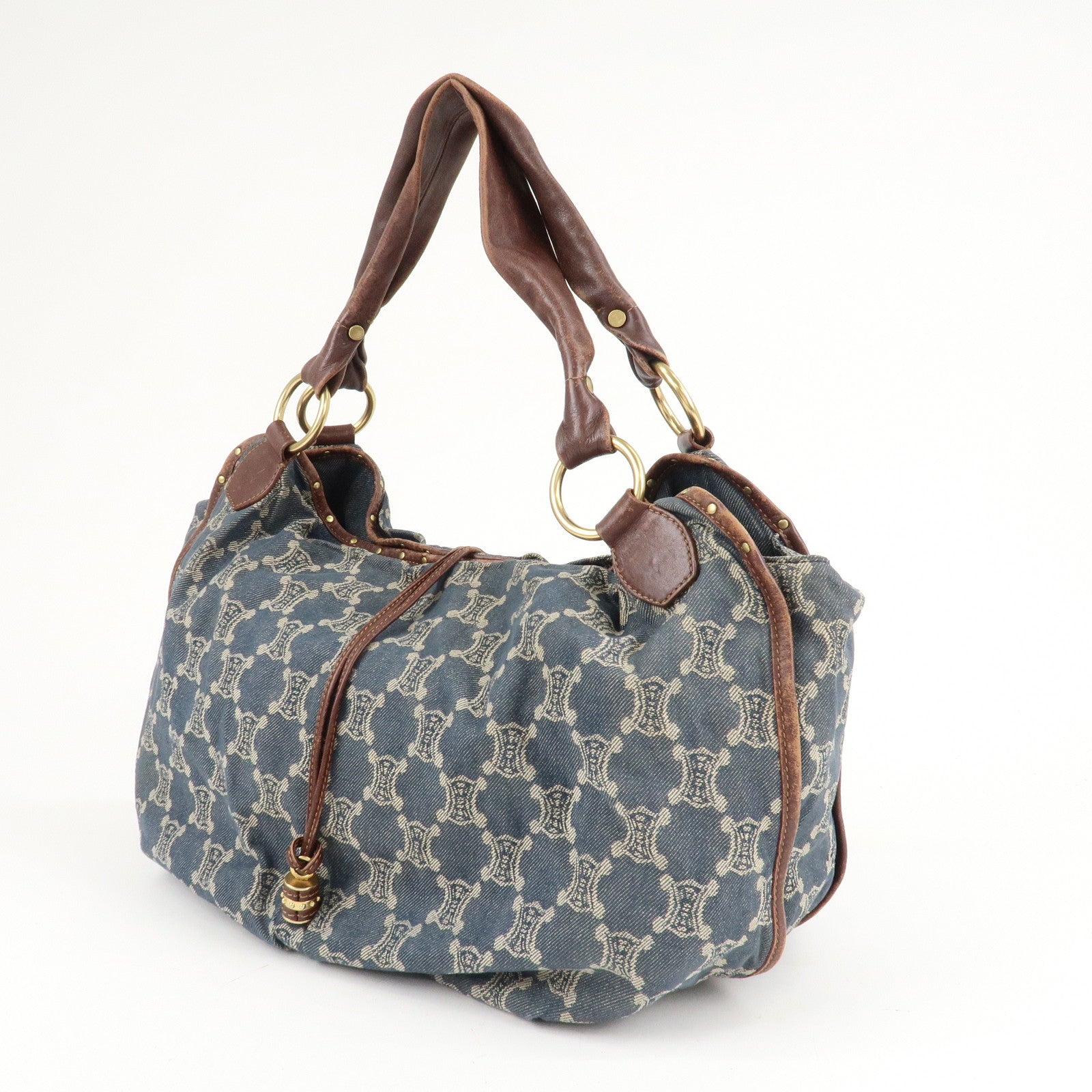 CELINE Macadam Denim Leather Bittersweet Shoudler Bag Navy Brown Used