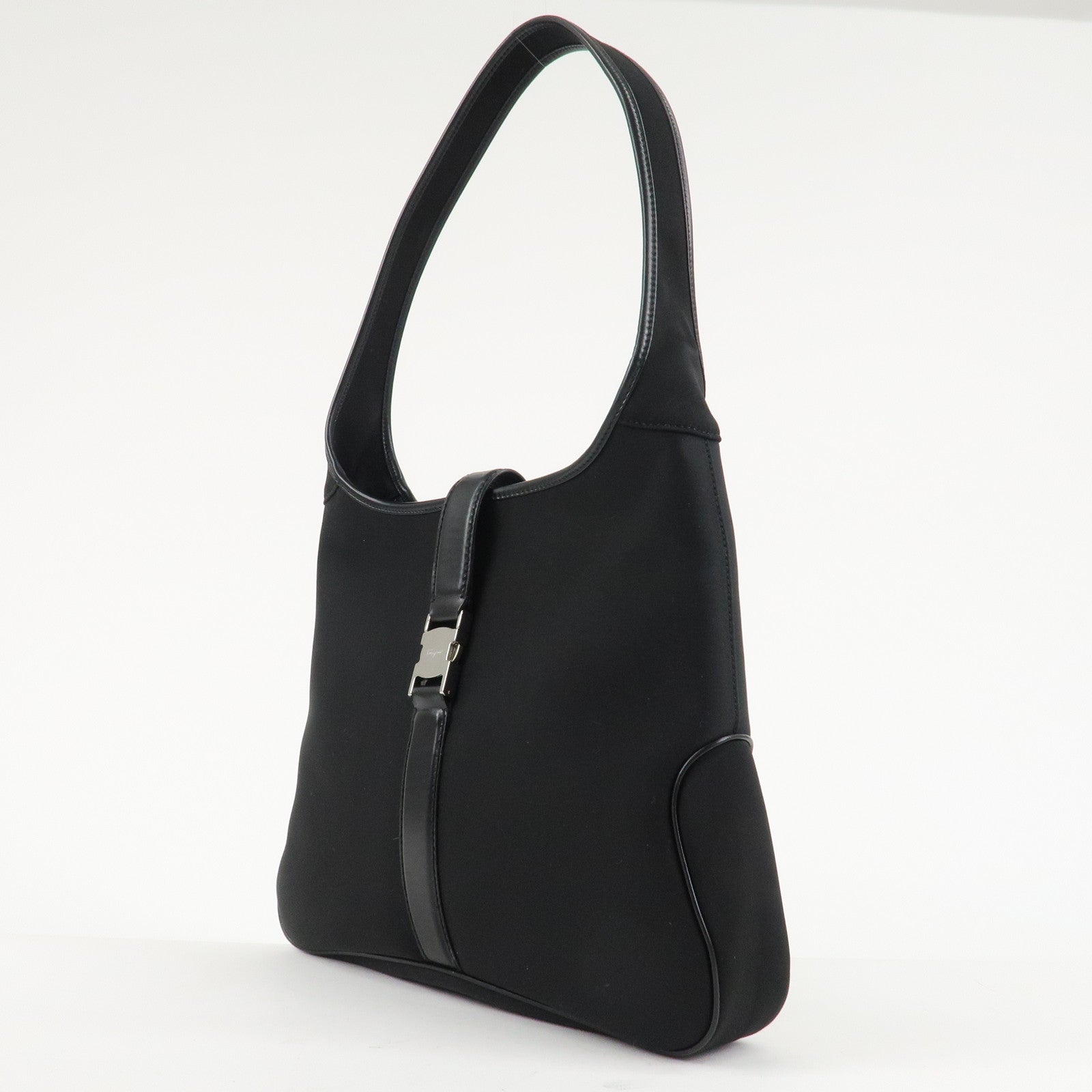 Ferragamo Nylon Leather Shoulder Bag Hand Bag Silver HDW Black Used