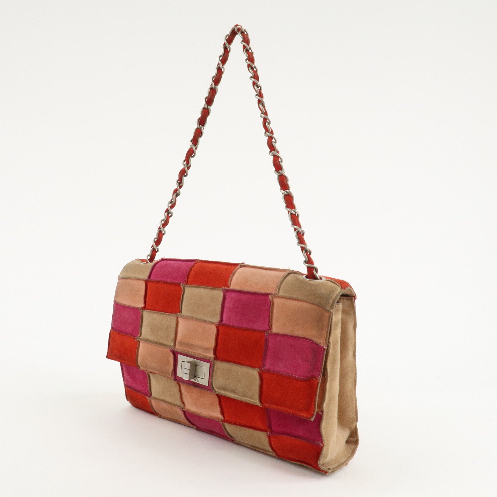 CHANEL Suede Patchwork Shoulder Bag Pink Beige Red Used
