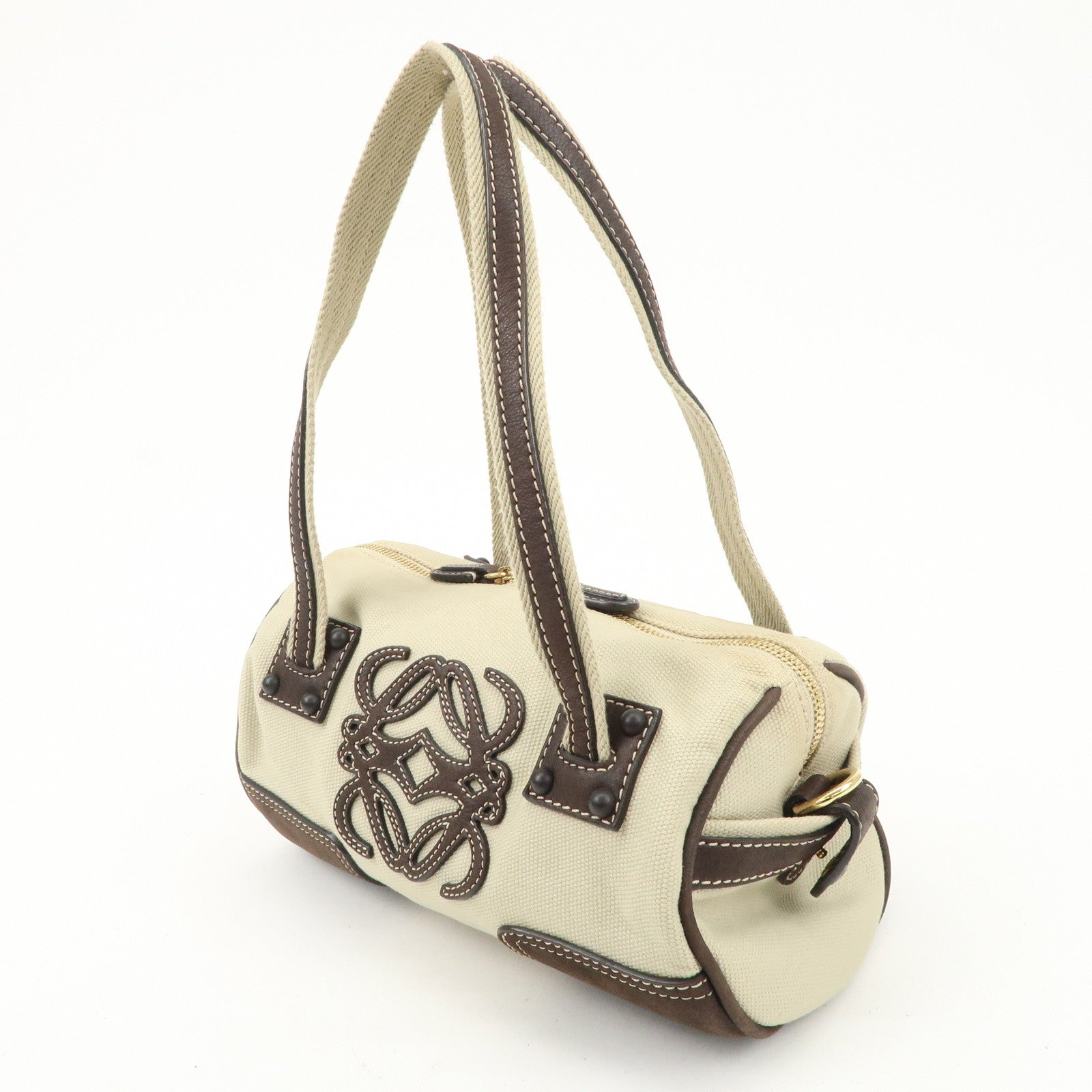 LOEWE Anagram Canvas Leather Mini Boston Bag Ivory Dark Brown Used