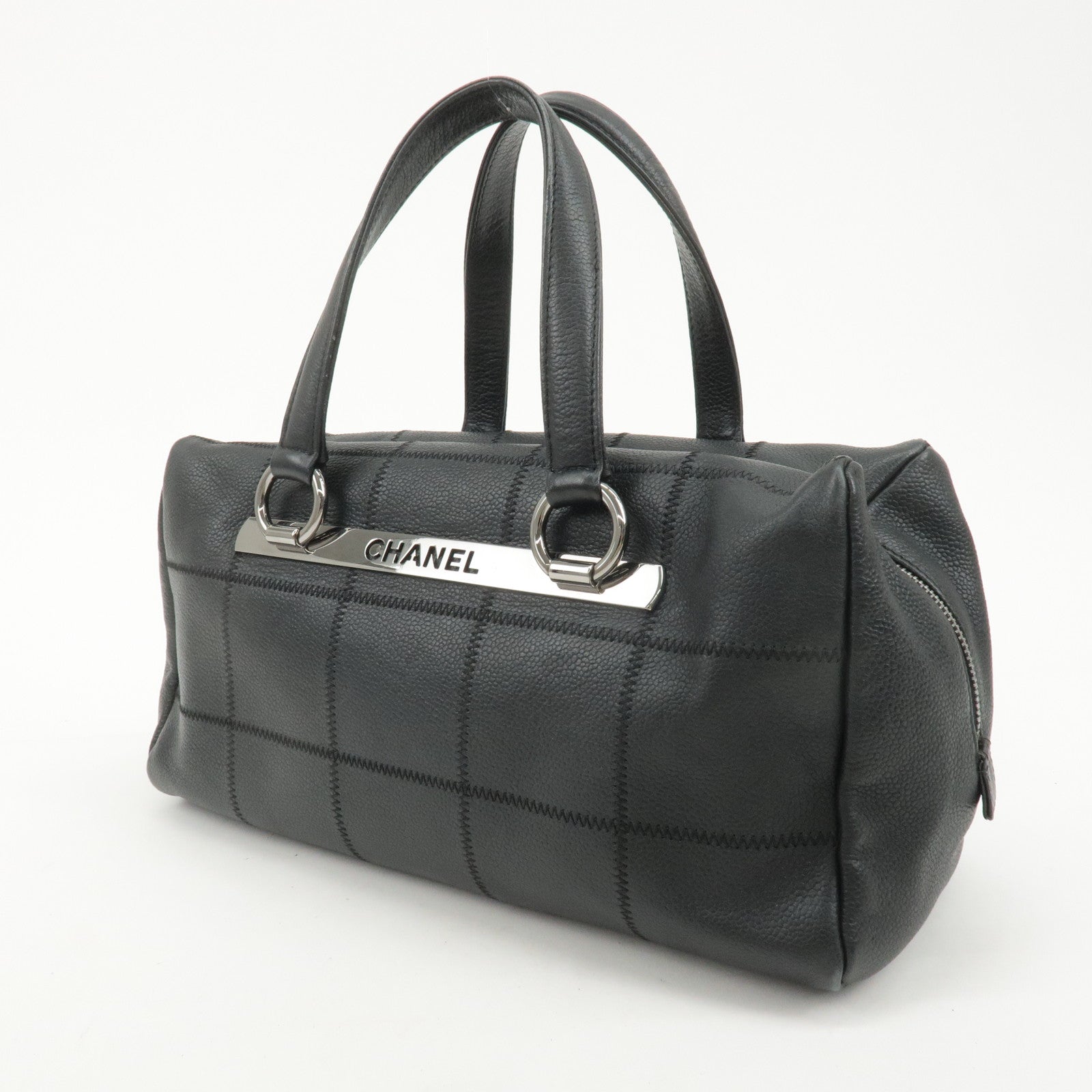 CHANEL Chocolate Bar Lamb Skin Boston Bag Black A26135 Used