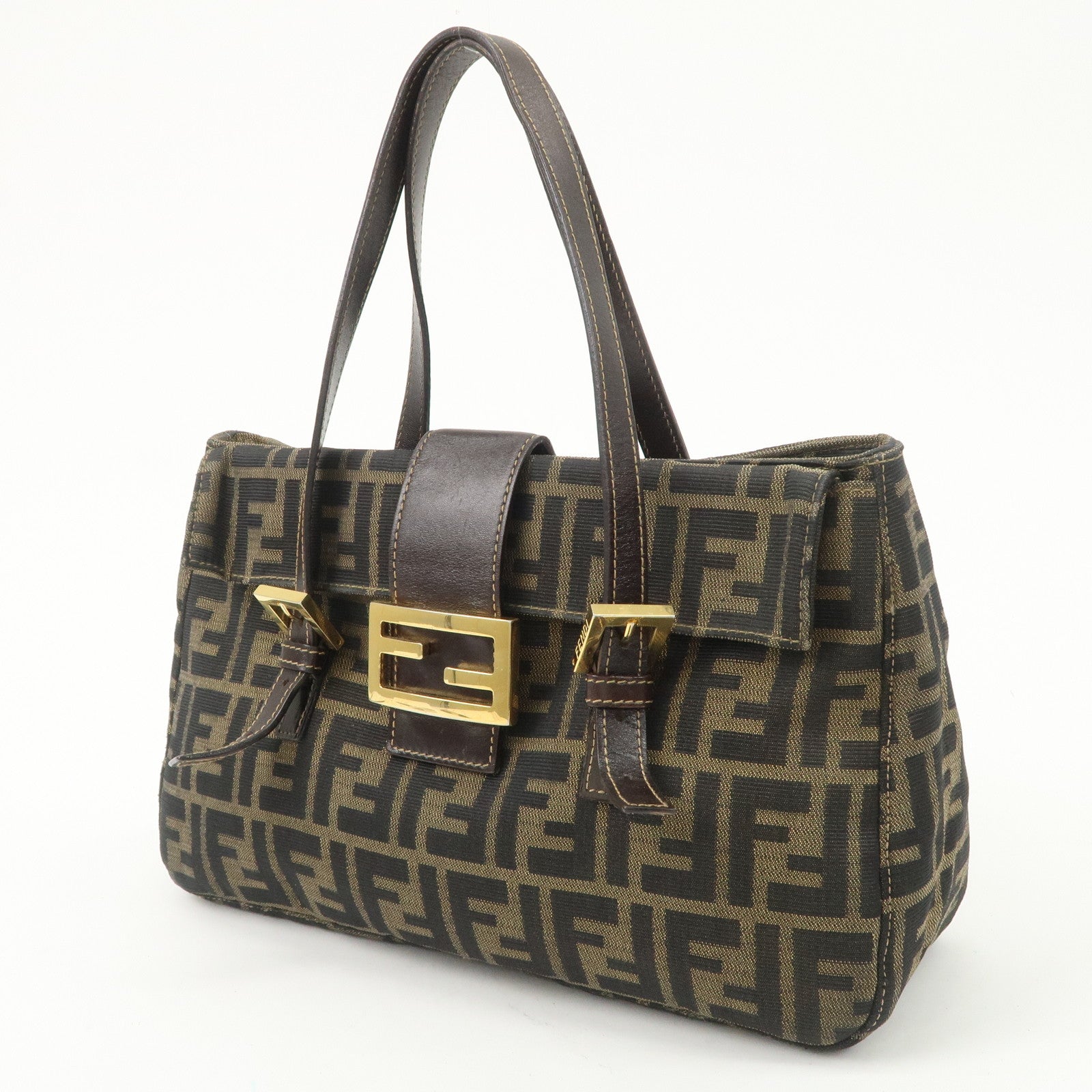 FENDI Zucca Canvas Leather Hand Bag Brown Black Gold Hardware Used