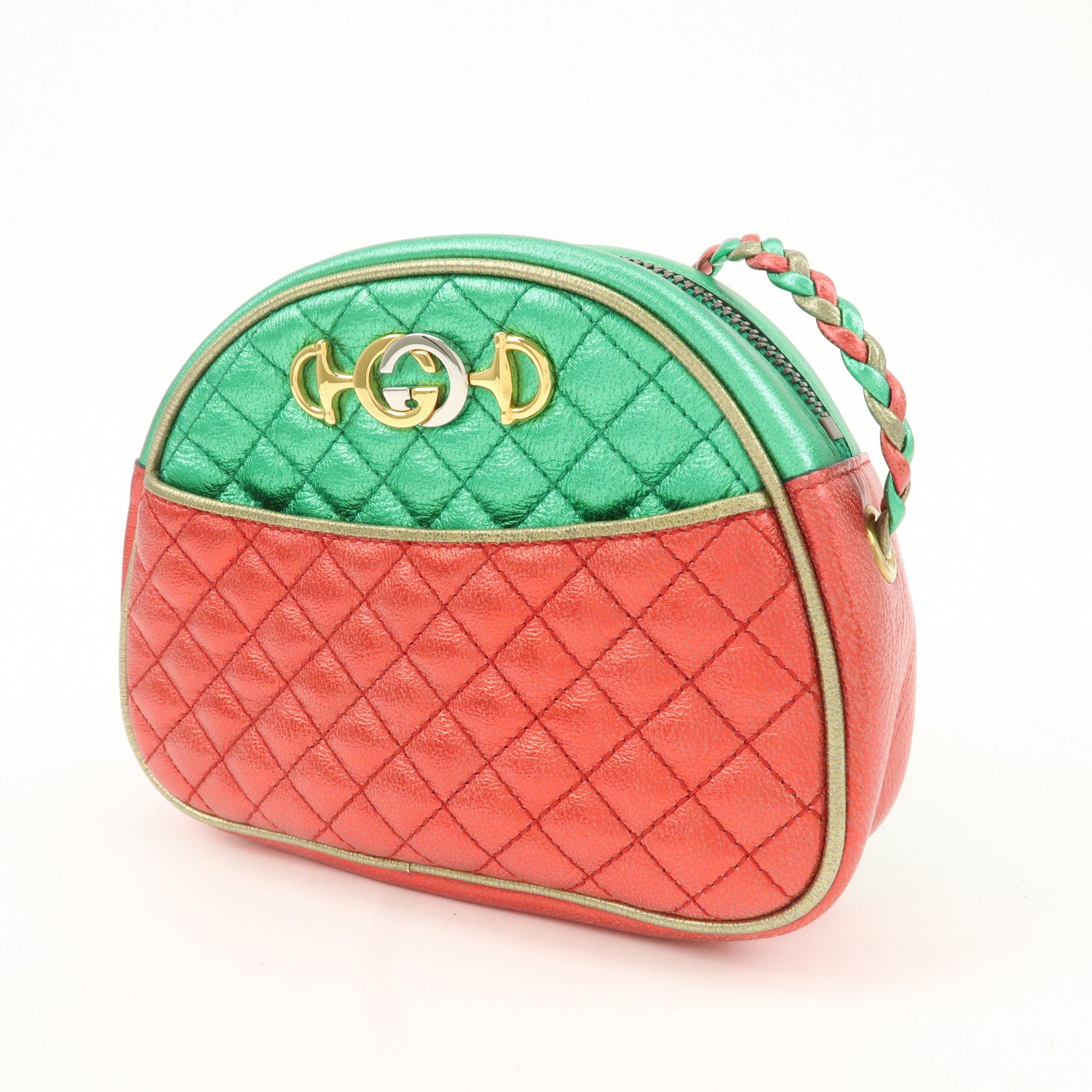 GUCCI Laminate Quilting Leather Shoulder Bag Green Red Gold 534951 Used