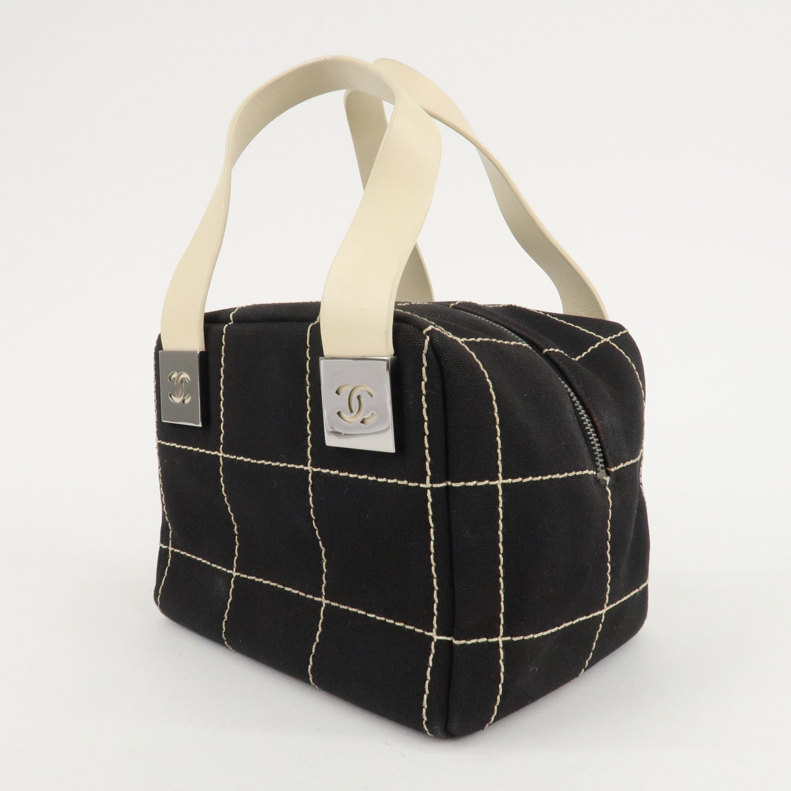 CHANEL Chocolate Bar Stitch Canvas Leather Mini Boston Bag Black Used