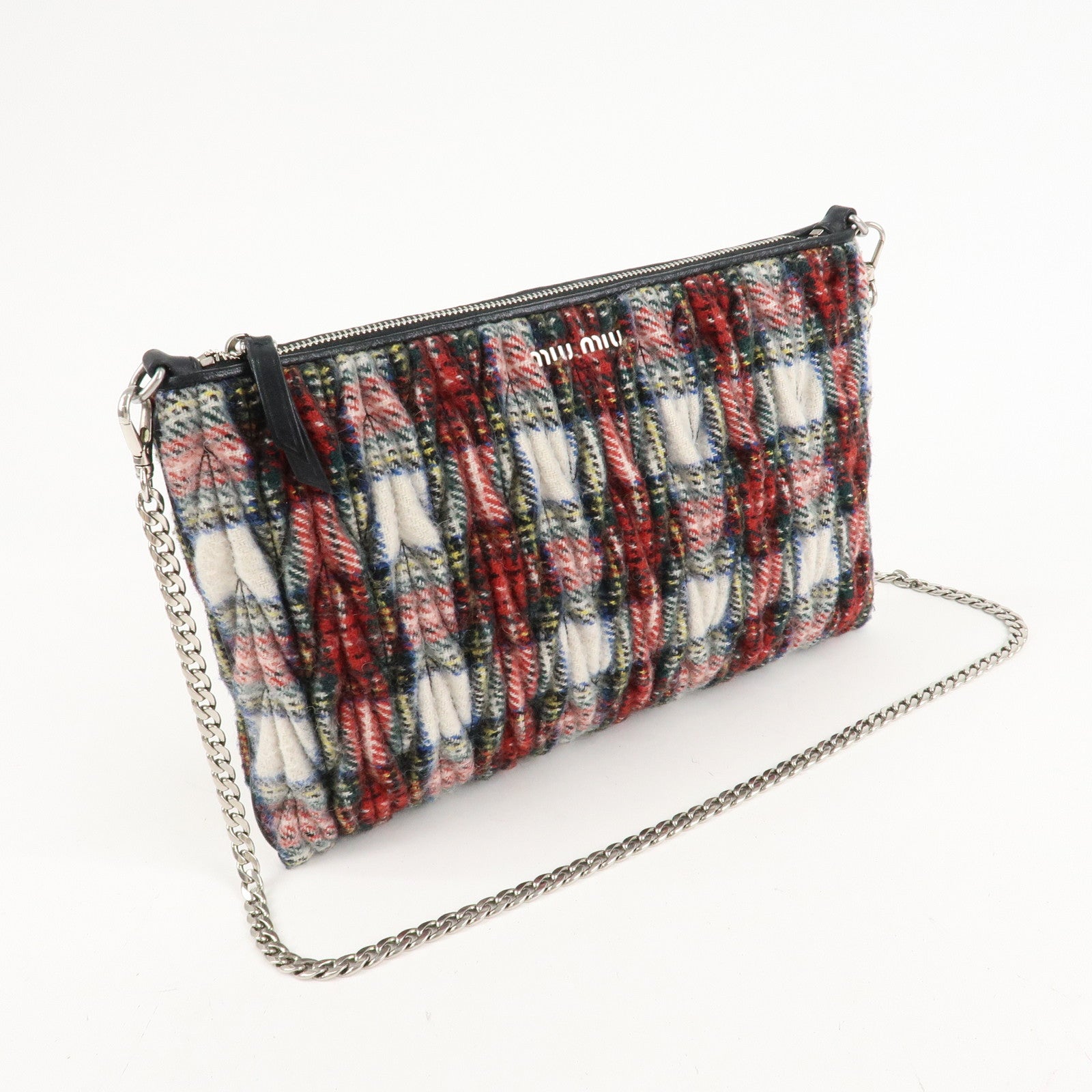 MIU MIU Matelasse Wool Leather Chain Shoulder Bag Red Used