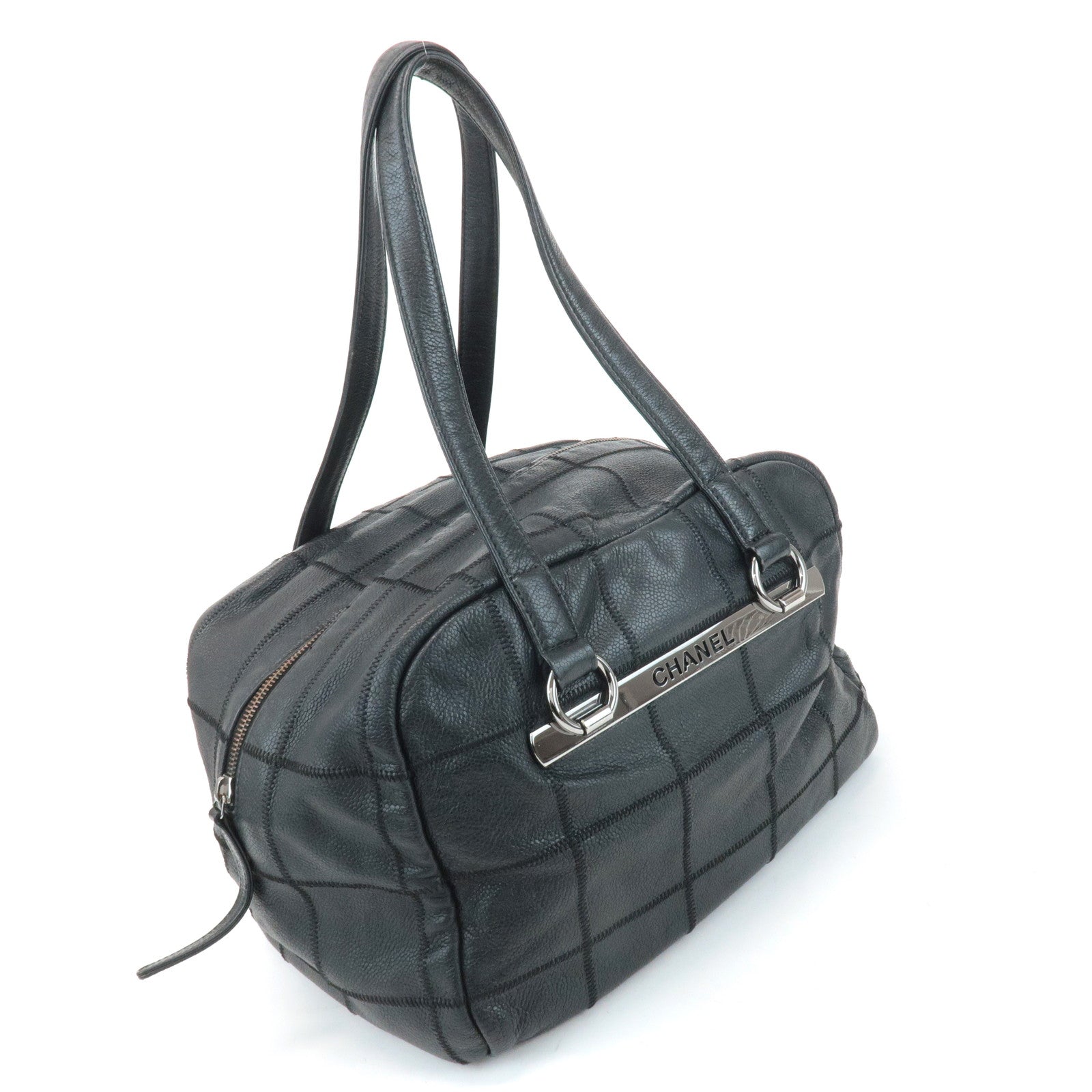 CHANEL Chocolate Bar Caviar Skin Mini Boston Bag Black A26135 Used