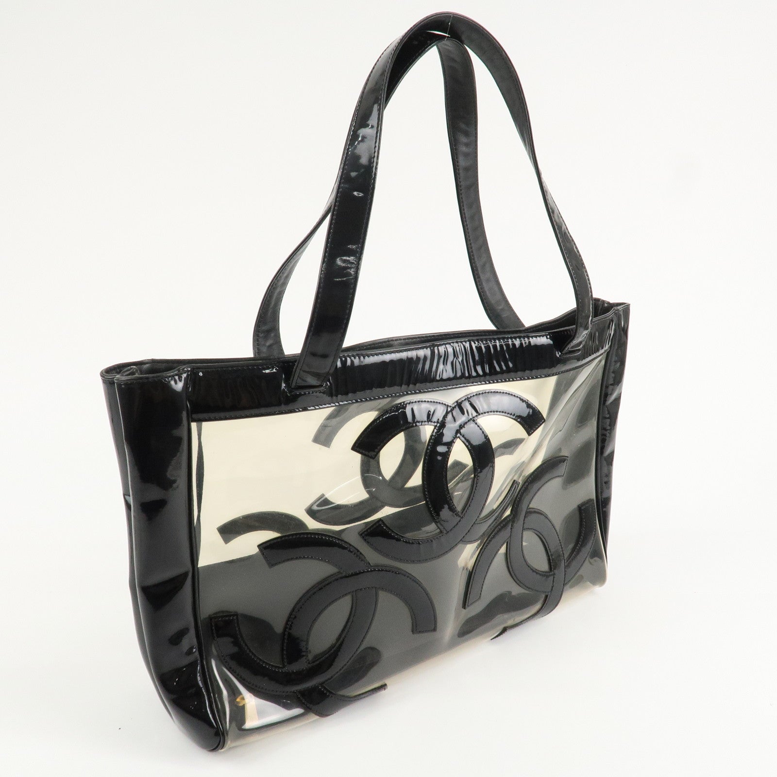 CHANEL PVC Patent Leather Vinyl Triple COCO Mark Tote Bag Black Used