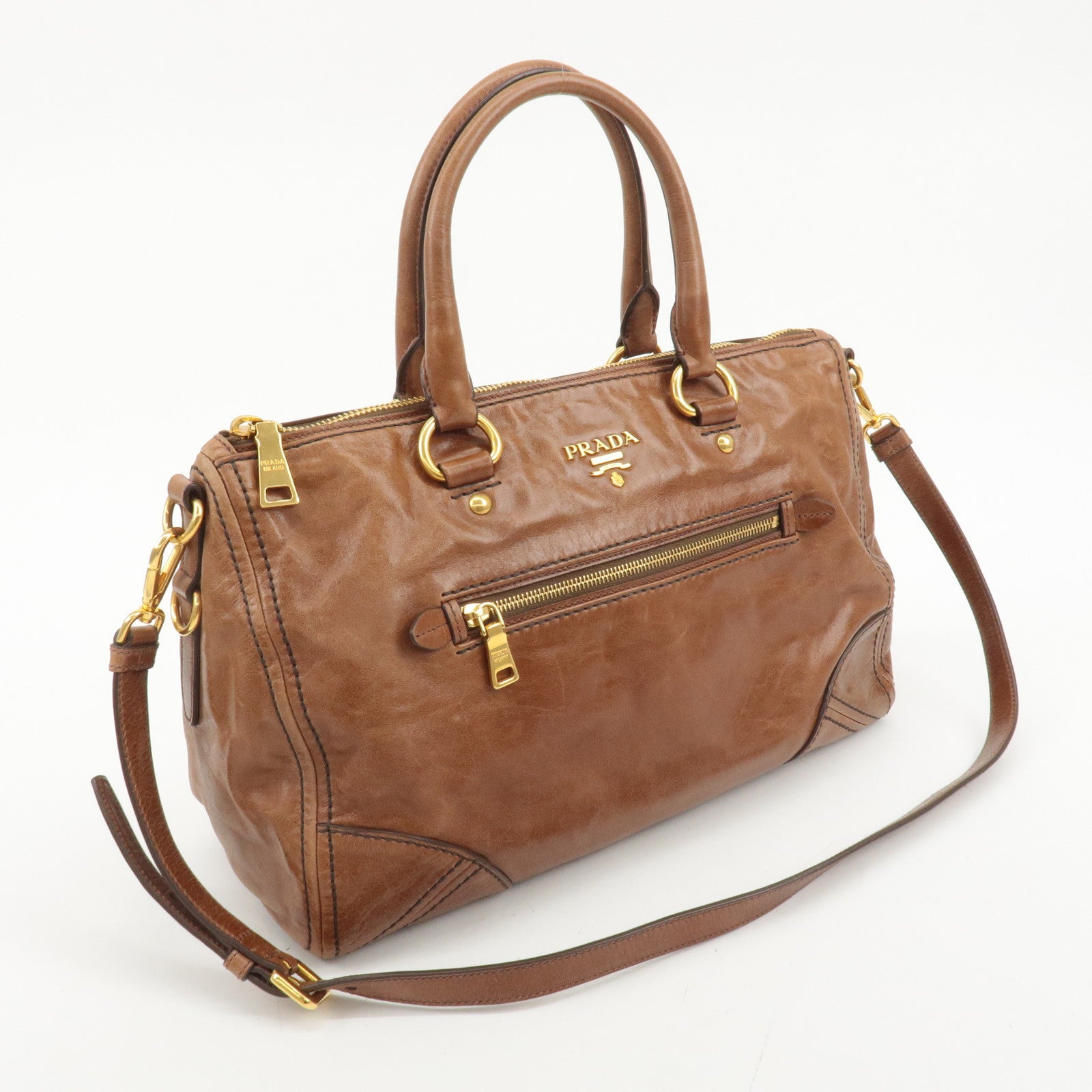 PRADA Logo Leather 2way Hand Bag Shoulder Bag Brown BL0727 Used