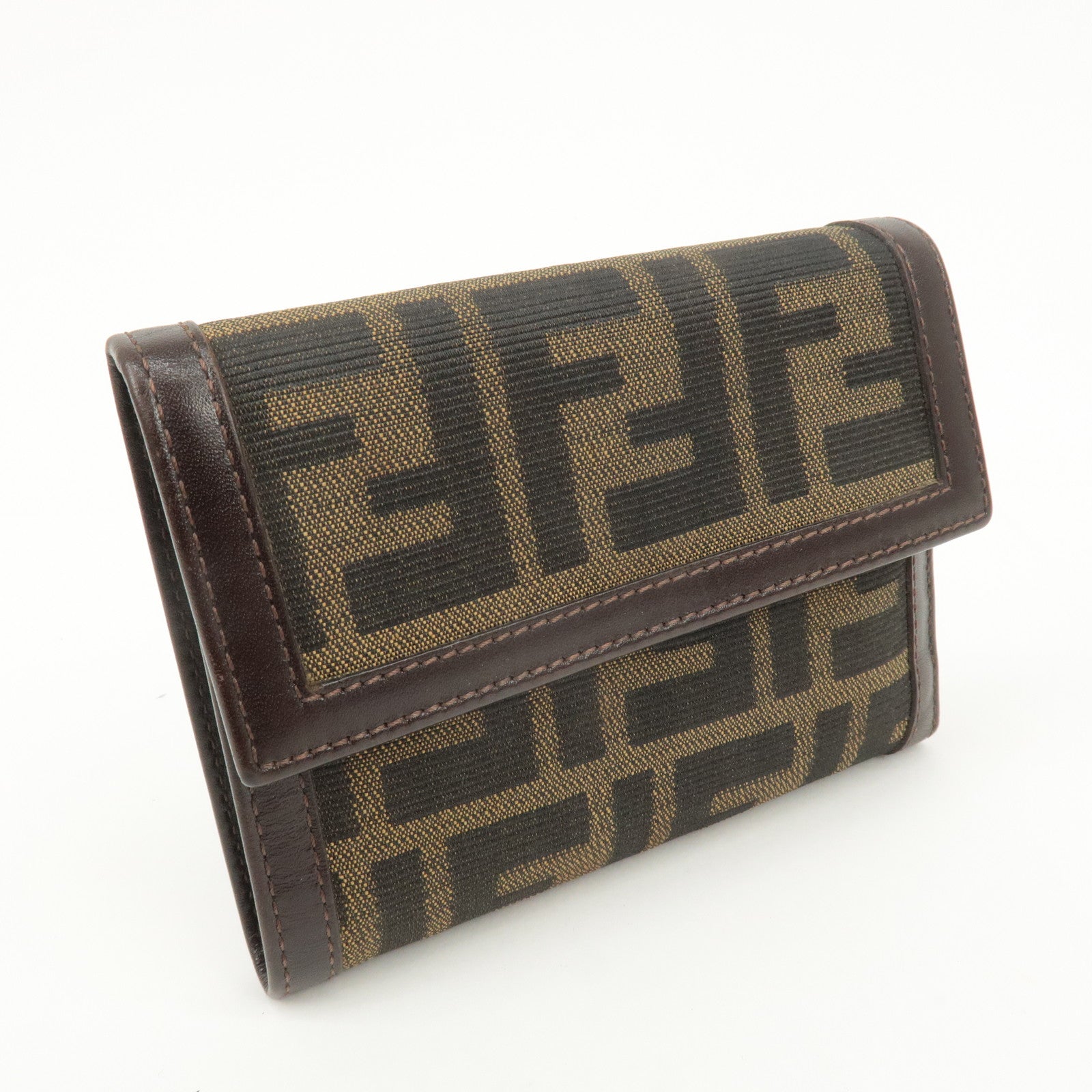 FENDI Zucca Canvas Leather Hook Tri-fold Wallet Brown 30729 Used