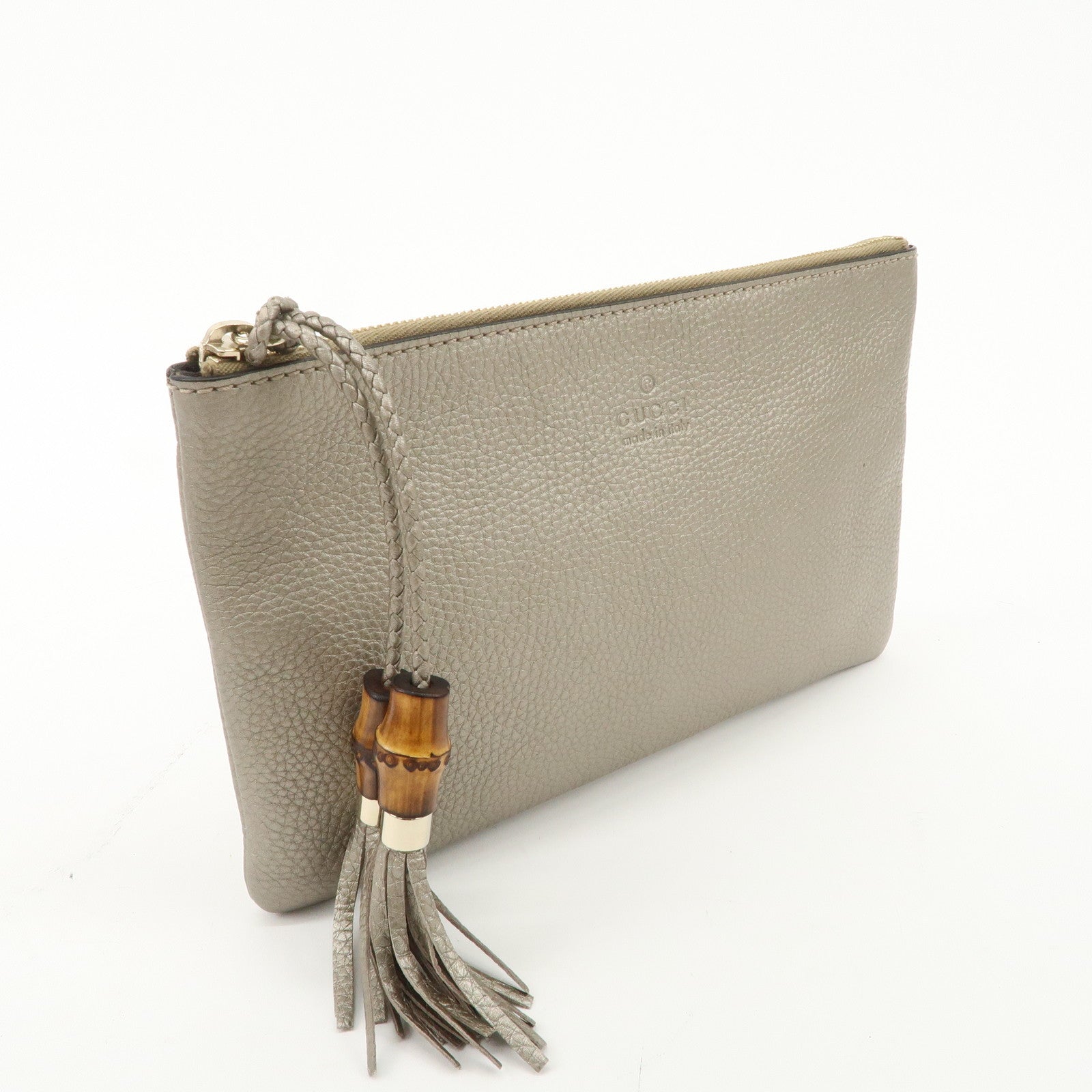 GUCCI Bamboo Leather Tassel Pouch Champaigne Beige 376854 Used