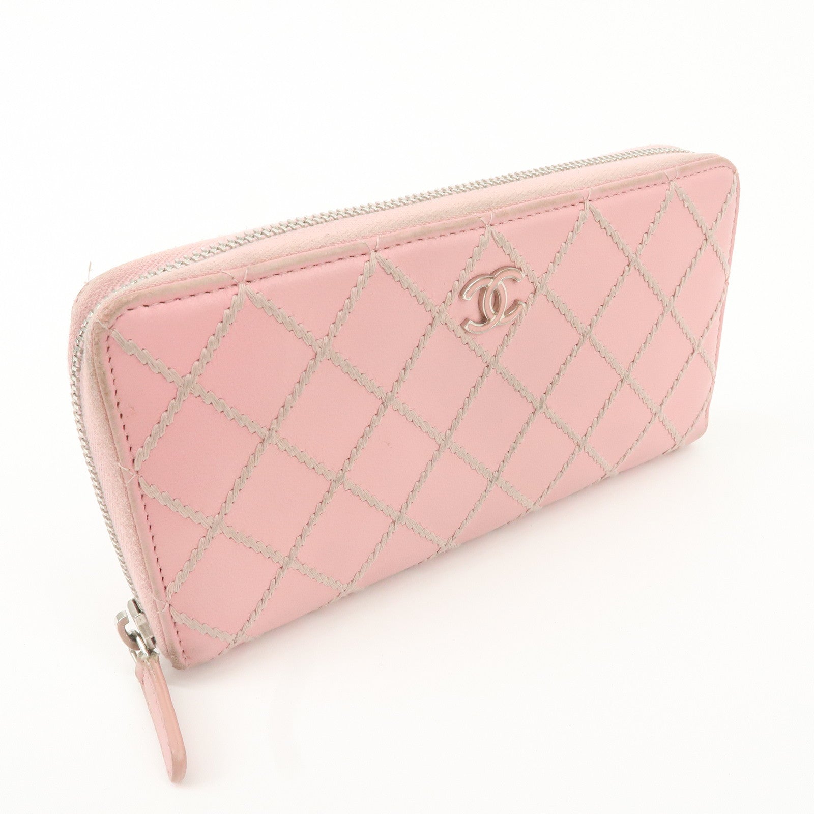 CHANEL Wild Stitch Lamb Skin Round Zipper Long Wallet A80143 Used