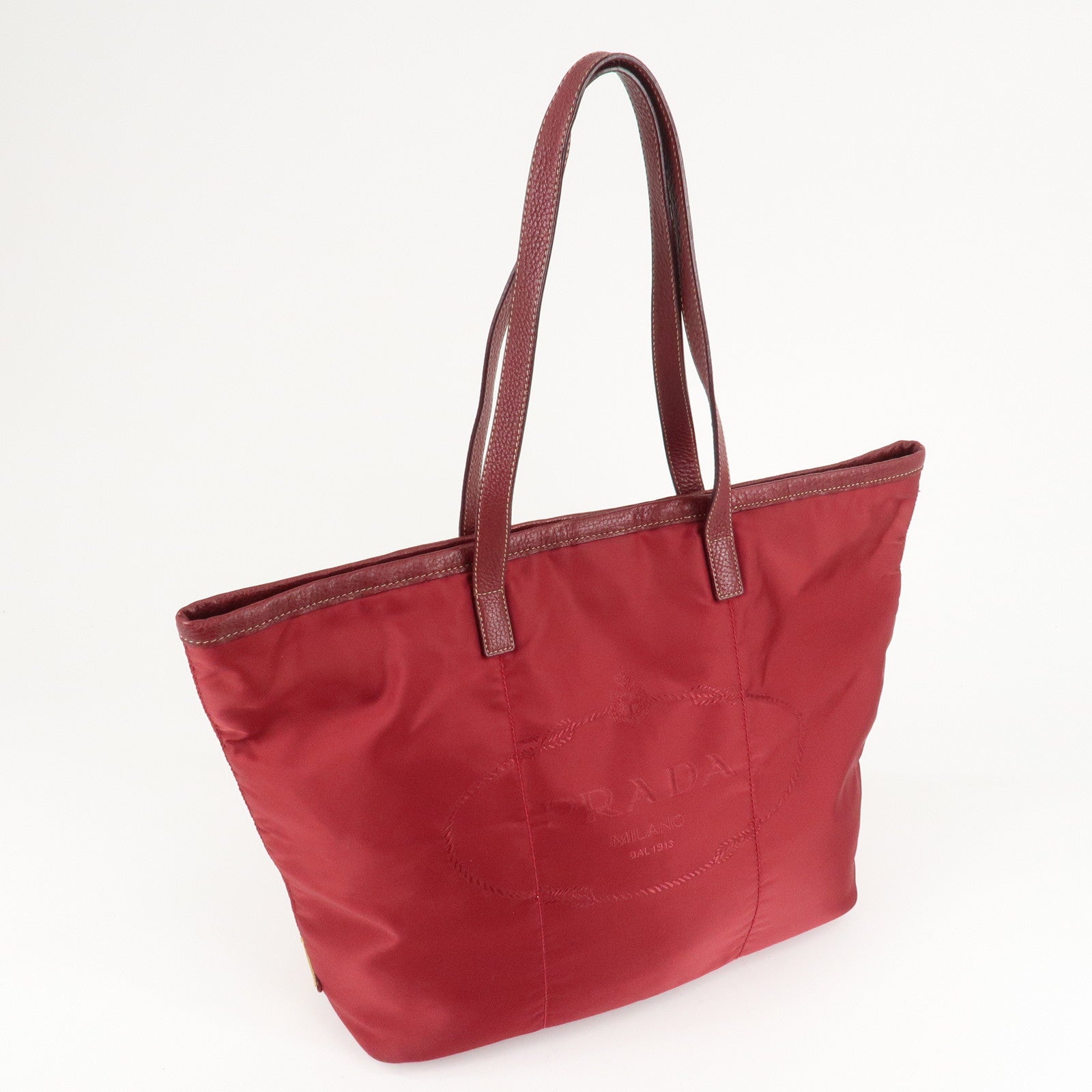 PRADA Logo Nylon Leather Tote Bag Shoulder Bag Dark Red BR4634 Used
