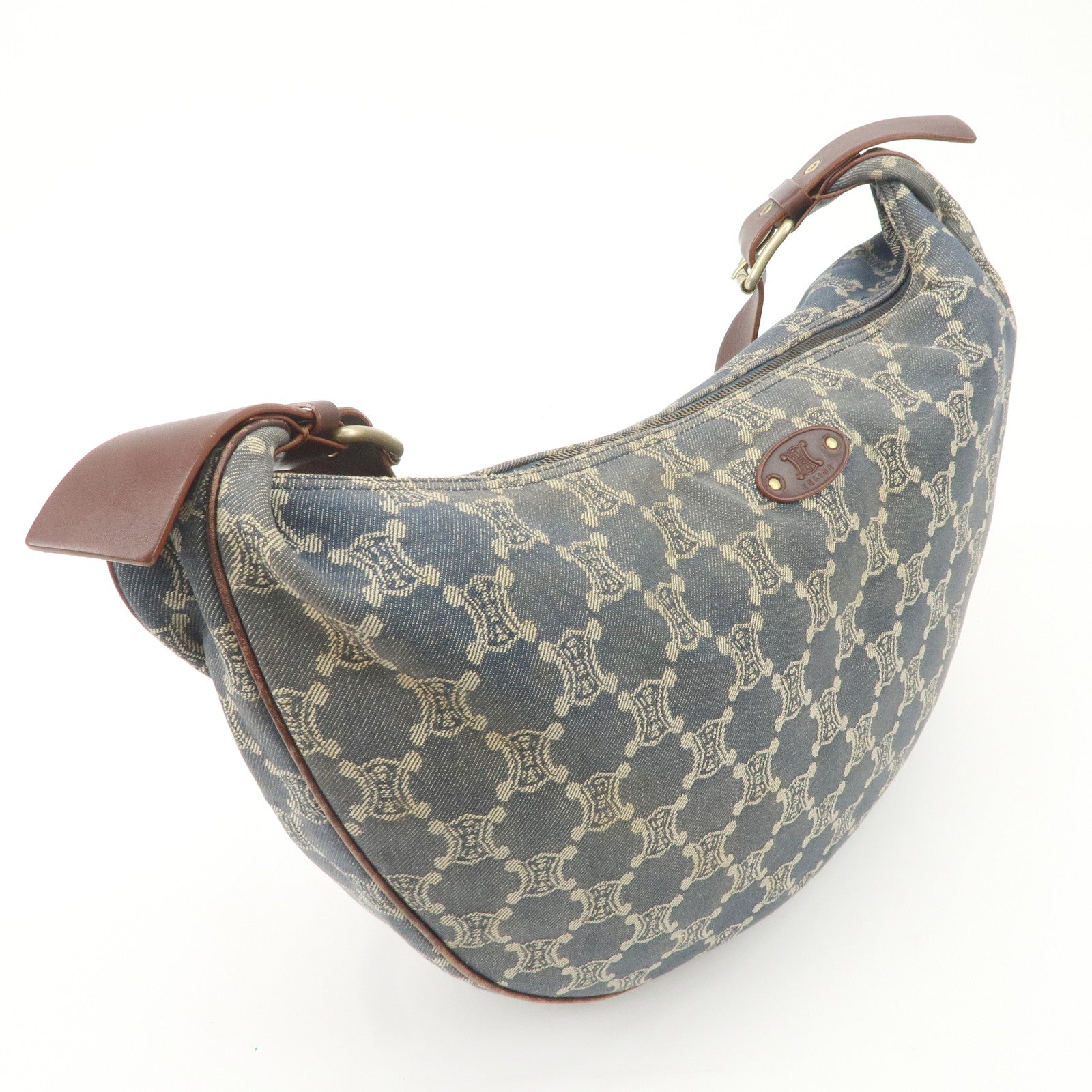 CELINE Macadam Canvas Leather Shoulder Bag Blue Brown Used