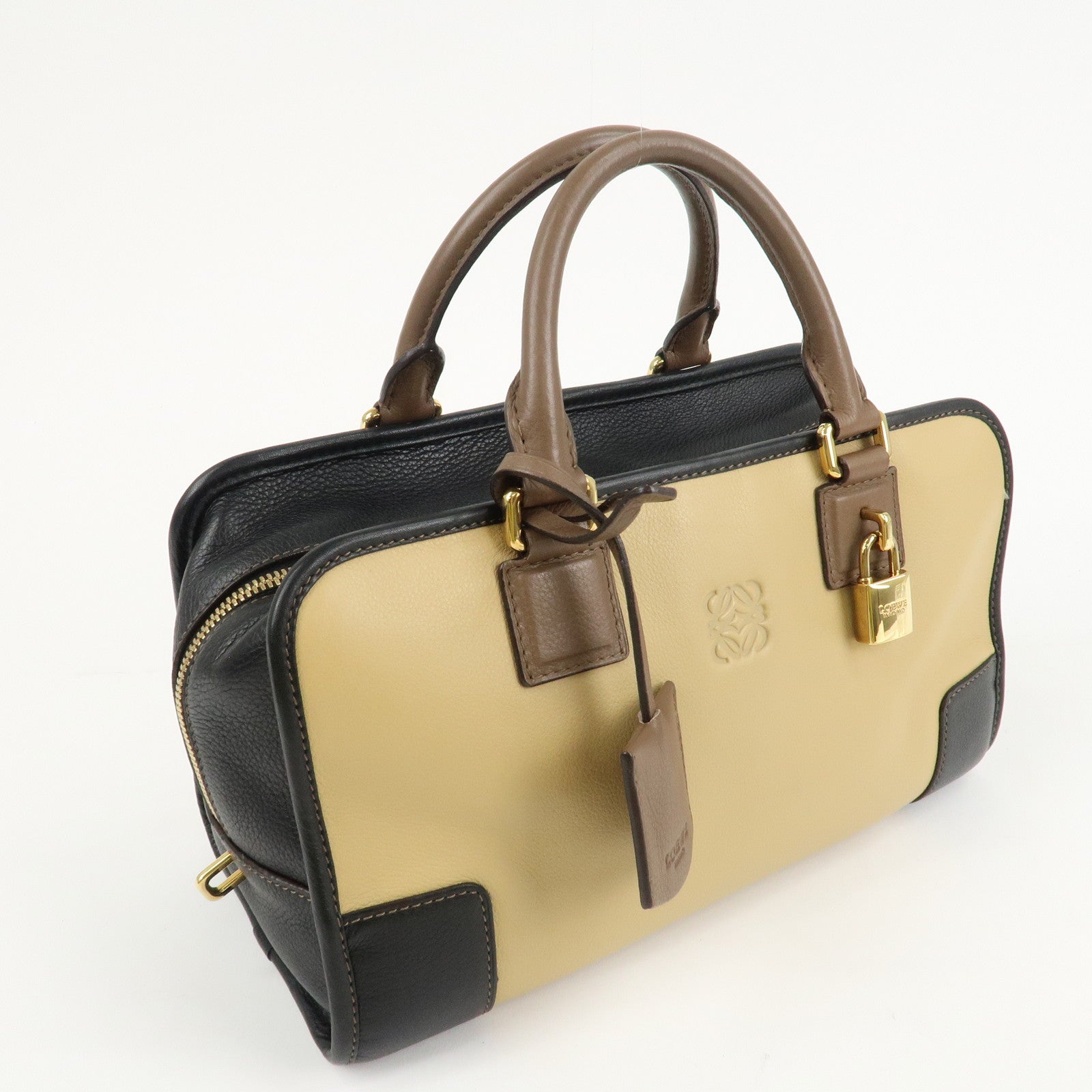 LOEWE Anagram Leather Amasona 28 Hand Bag Beige Black Brown Used