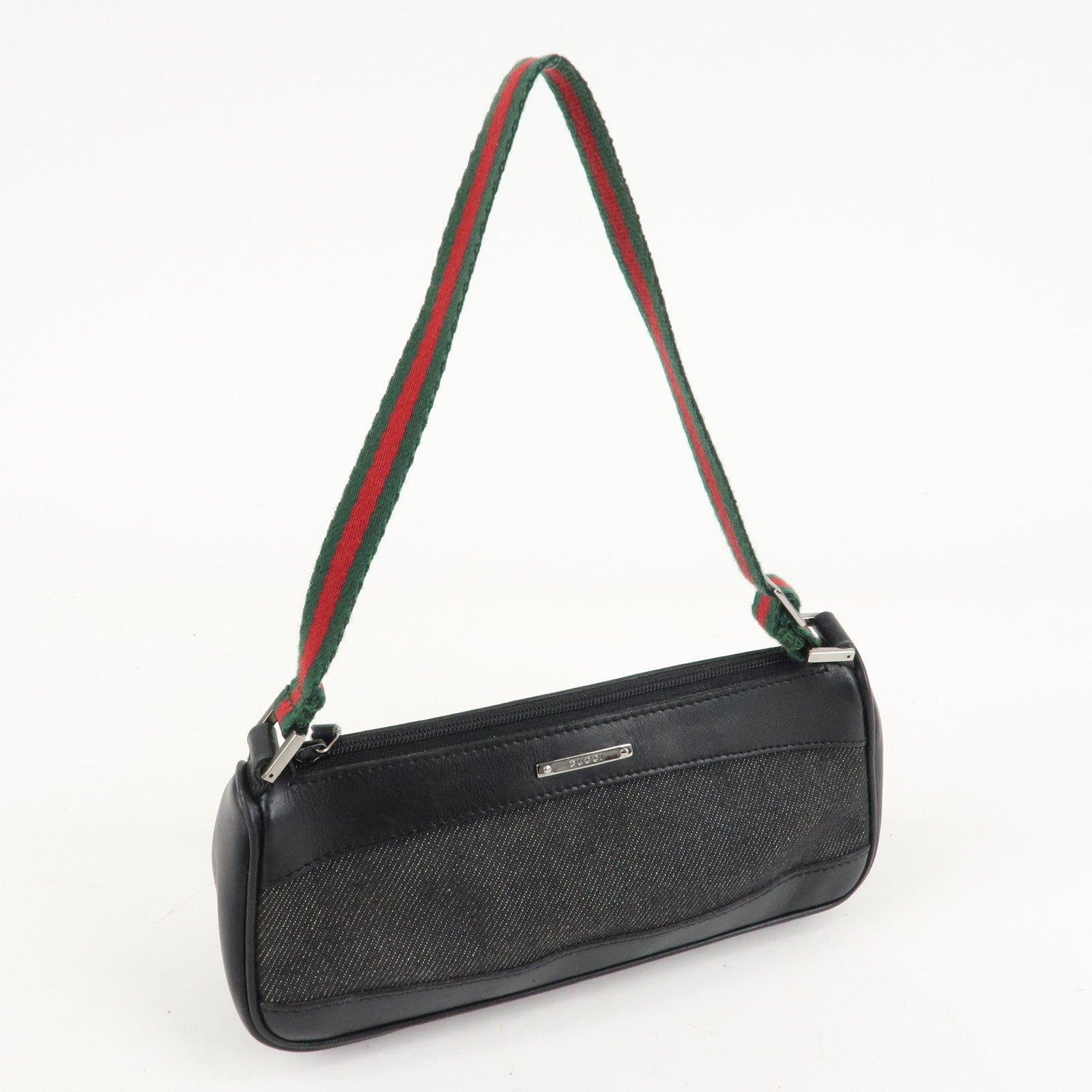 GUCCI Sherry Canvas Leather Accessory Pouch Hand Bag Black 92820 Used
