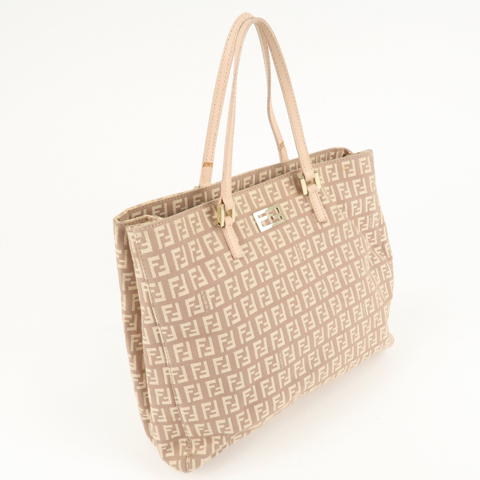 FENDI Zucchino Canvas Leather Tote Bag Pink Beige 8BH133 Used