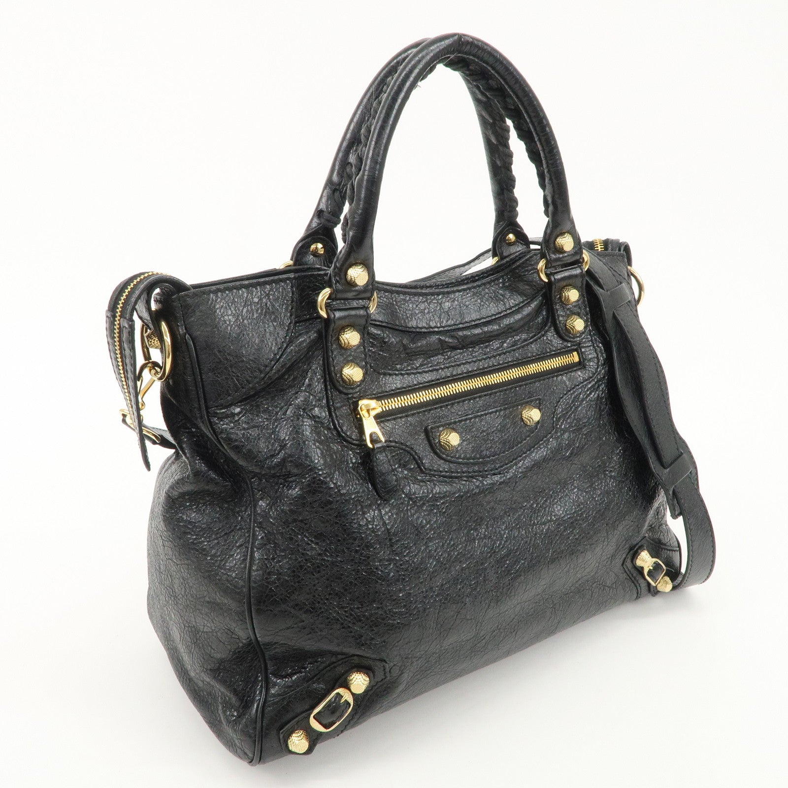 BALENCIAGA Leather The Giant Velo Hand Bag Black 28201 Used
