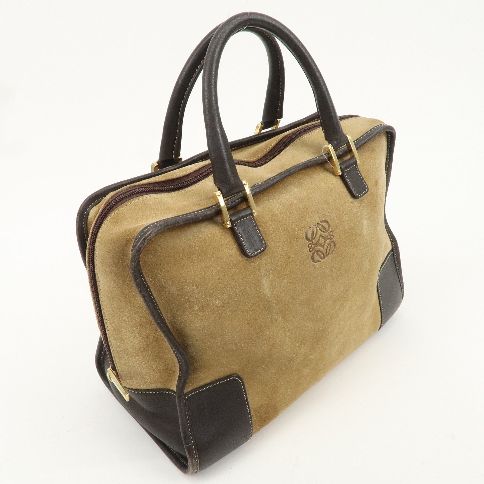 LOEWE Anagram Suede Leather Amazona 32 Hand Bag Beige Brown Used
