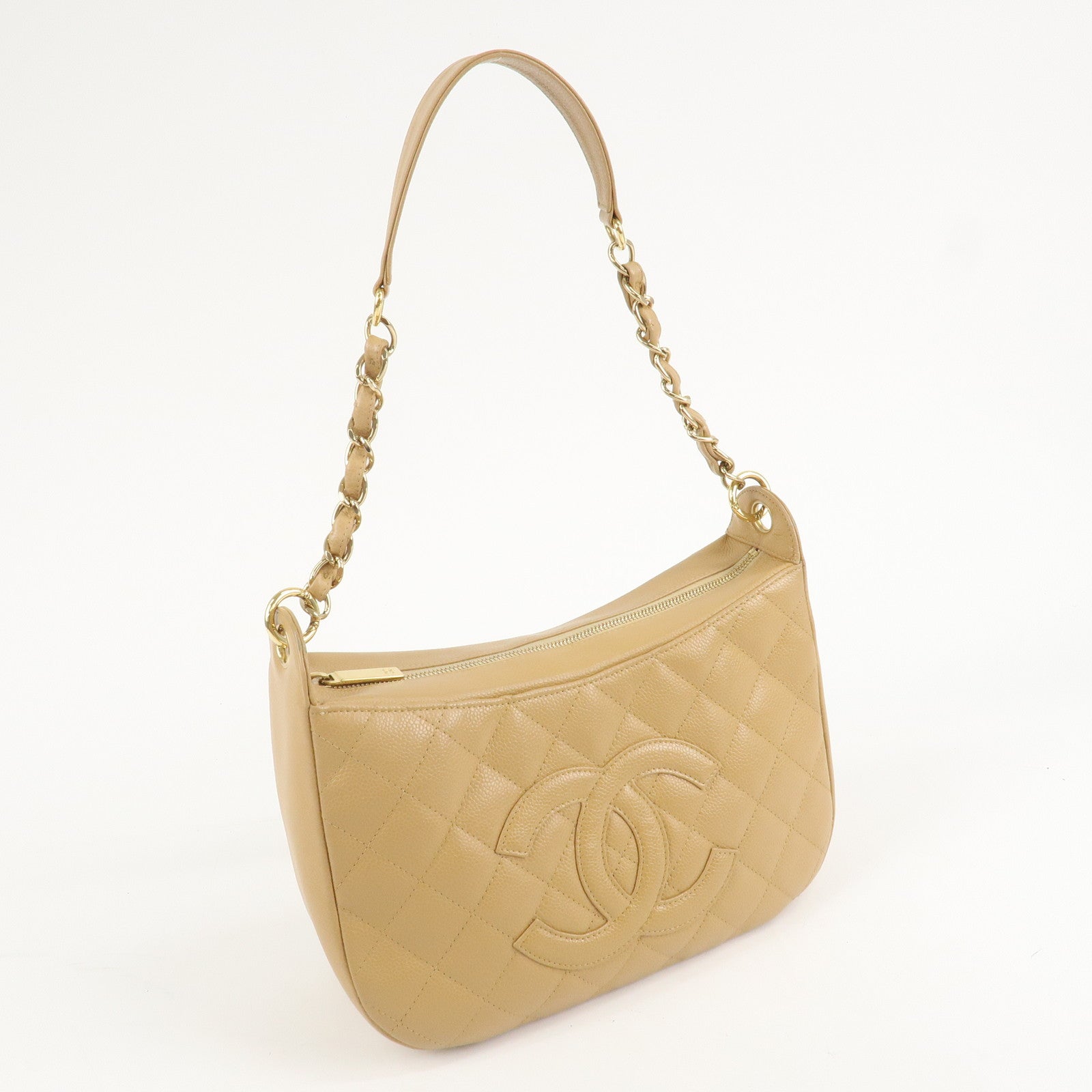 CHANEL COCO Mark Matelasse Shoulder Bag Caviar Skin Beige Used