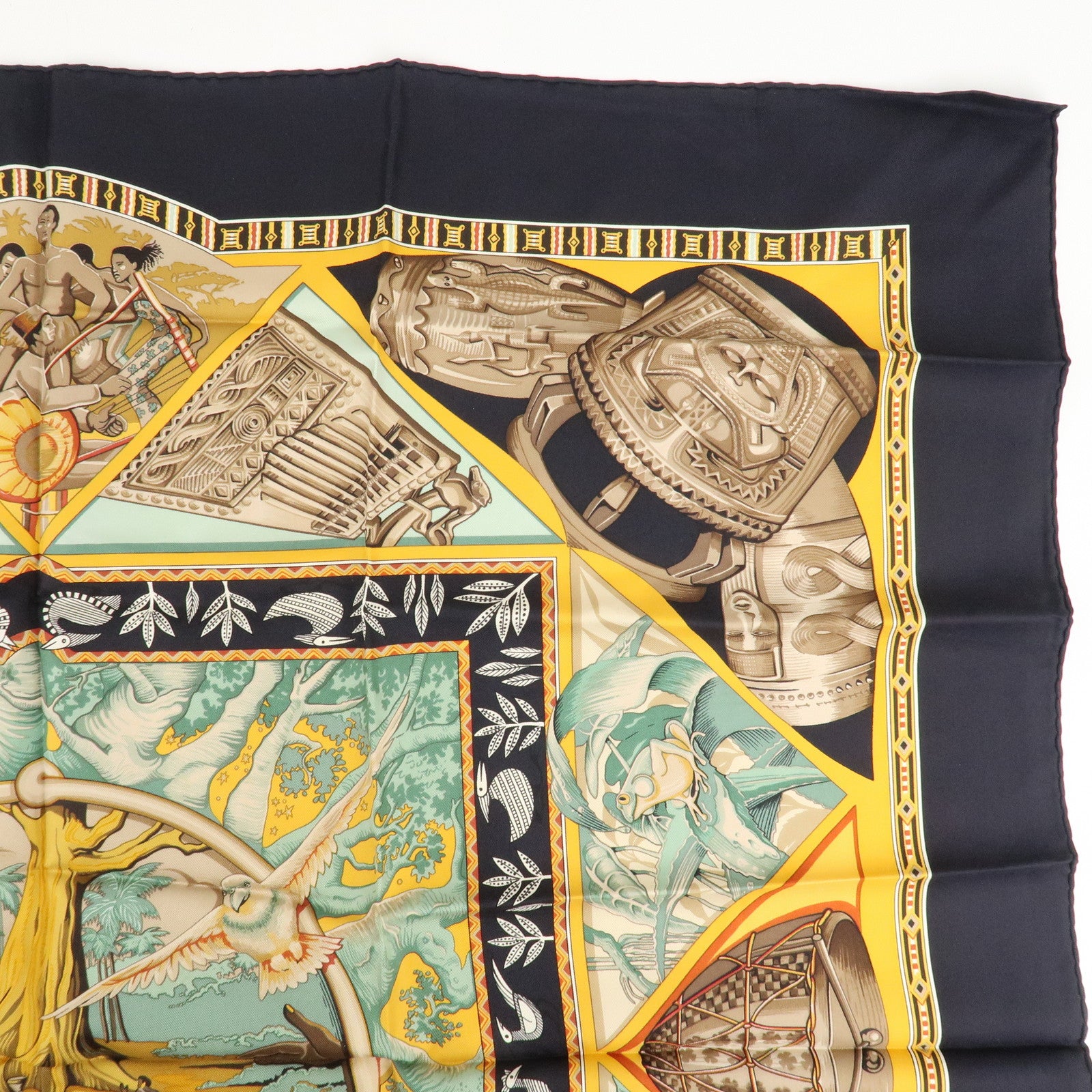 HERMES Silk 100% Carre 90 Scarf Au Son du Tam Tam Black Beige Used