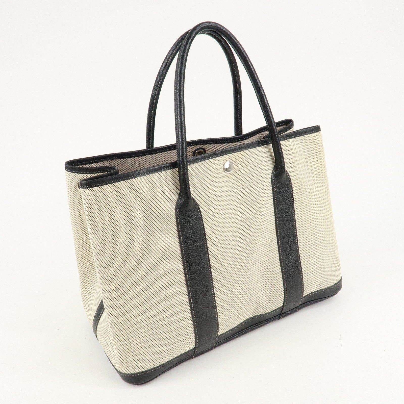 HERMES ToileOfficier Leather Garden Party PM J Stamped Tote Bag Used