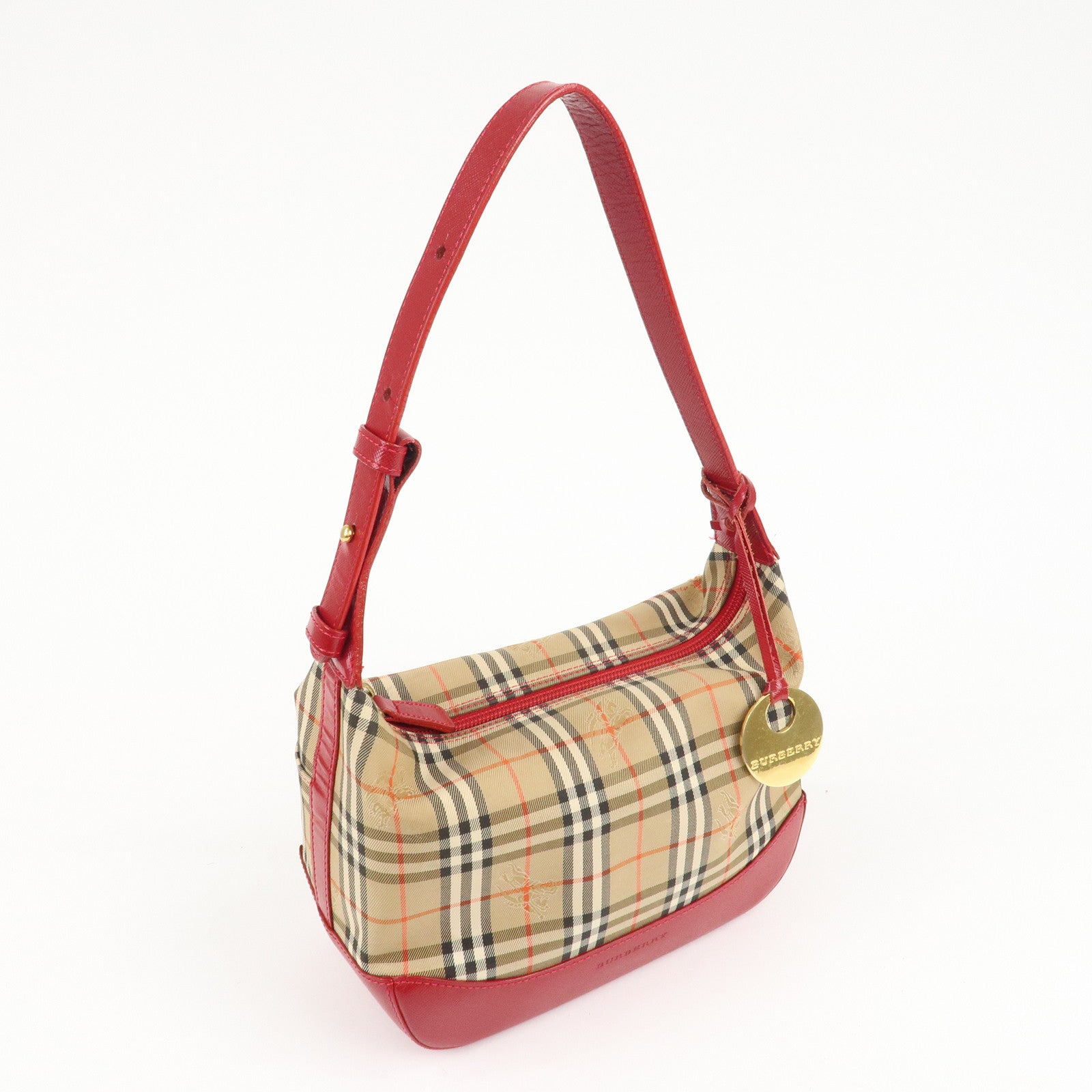 BURBERRY Nova Plaid Canvas Leather Shoulder Bag Hand Bag Red Used