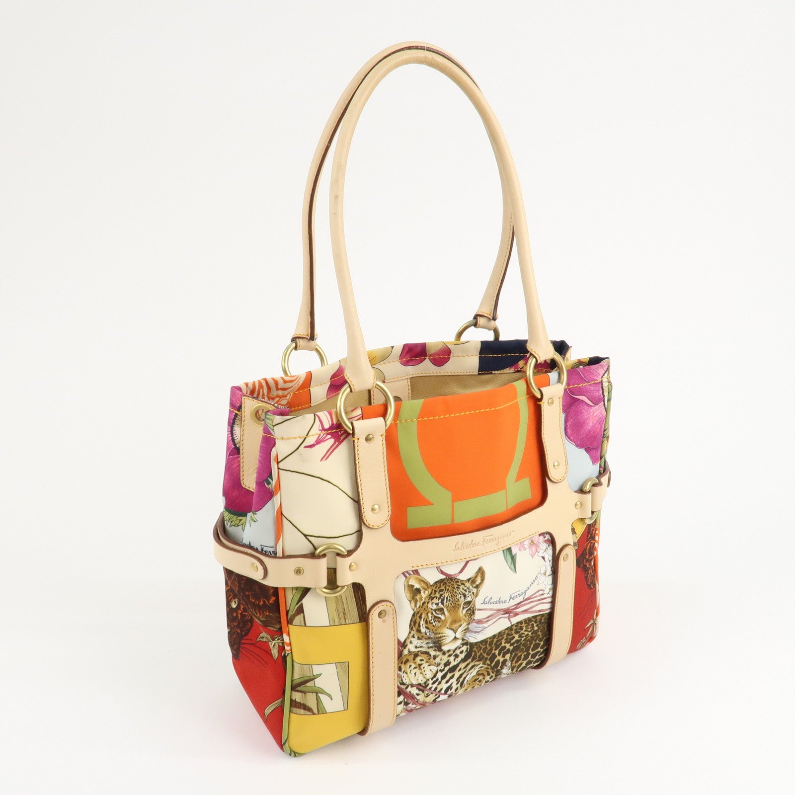 Ferragamo Nylon Leather Tote Bag Animal Multi Color AF-216407 Used