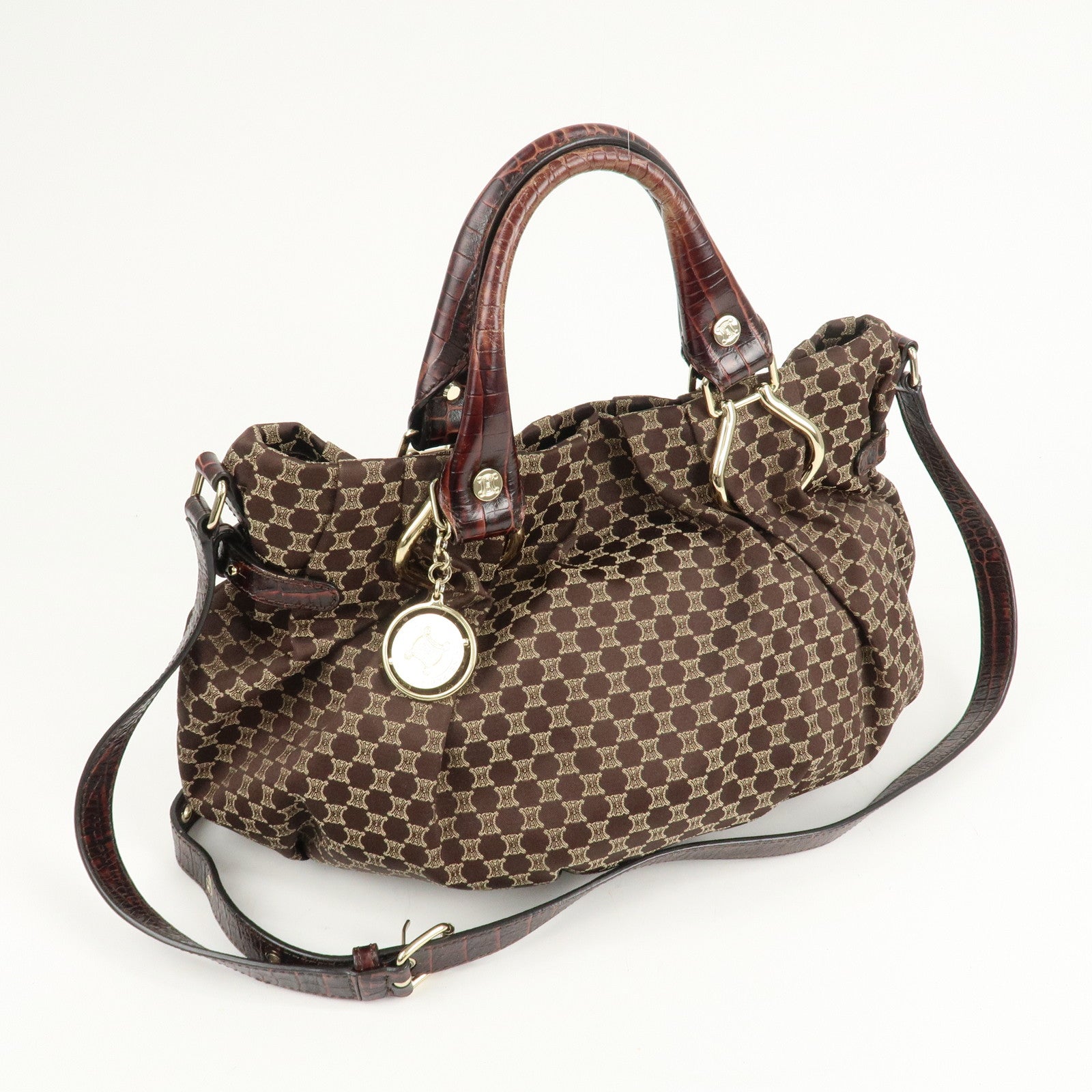 CELINE Macadam Canvas Leather 2Way Shoulder Bag Brown Used